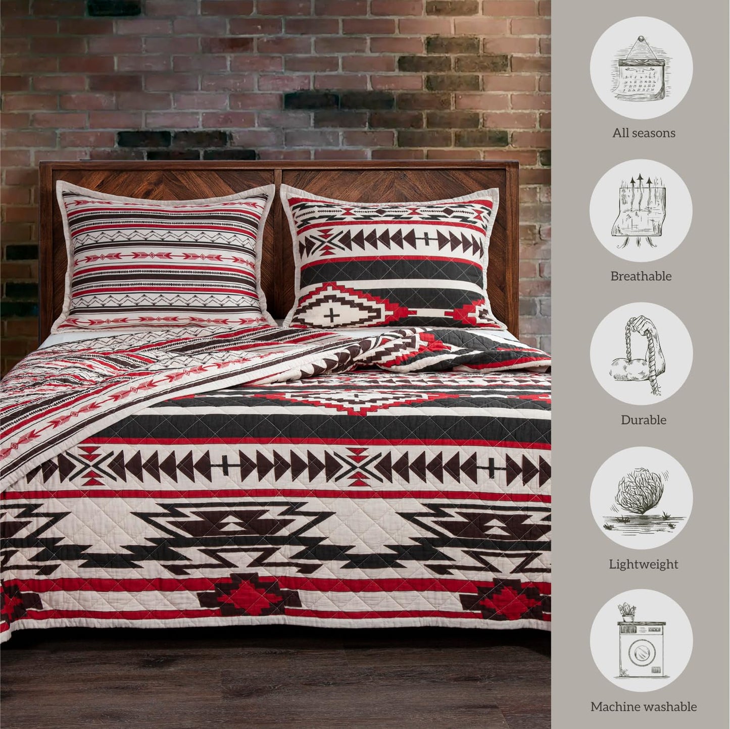 Paseo Road Cortez Western Bedding 3 Piece Quilt Set with Pillow Shams, Full Queen Aztec Bedding Set, Tribal Southwestern Bedding, Geometric Pattern Cotton Reversible Rustic Bed Set
