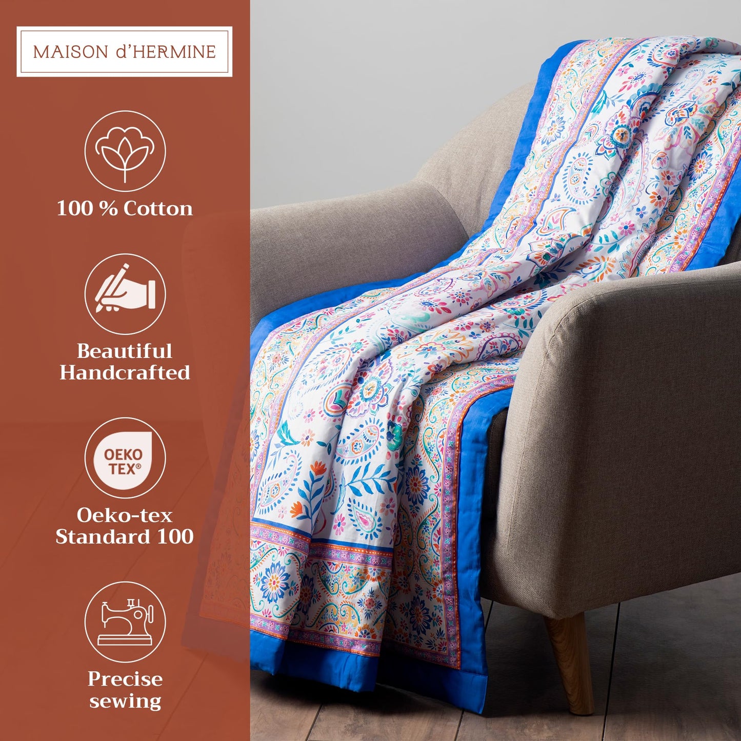 Maison d' Hermine Throw Blanket for Couch Lightweight Soft Warm Breathable Cotton Throw Blankets for Bed Girls Boys Women Men Gifts Travel Living Room Spring Summer (Indian Floral, 60" X 80")