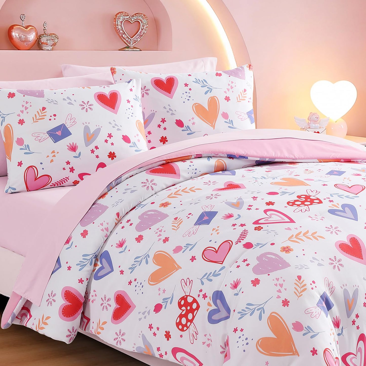 Kaleido Space Twin Comforter Set for Girls Kids - 5 Pieces Heart Twin Bedding Sets for Girls Teen, Soft Cozy Bed in A Bag with Sheets