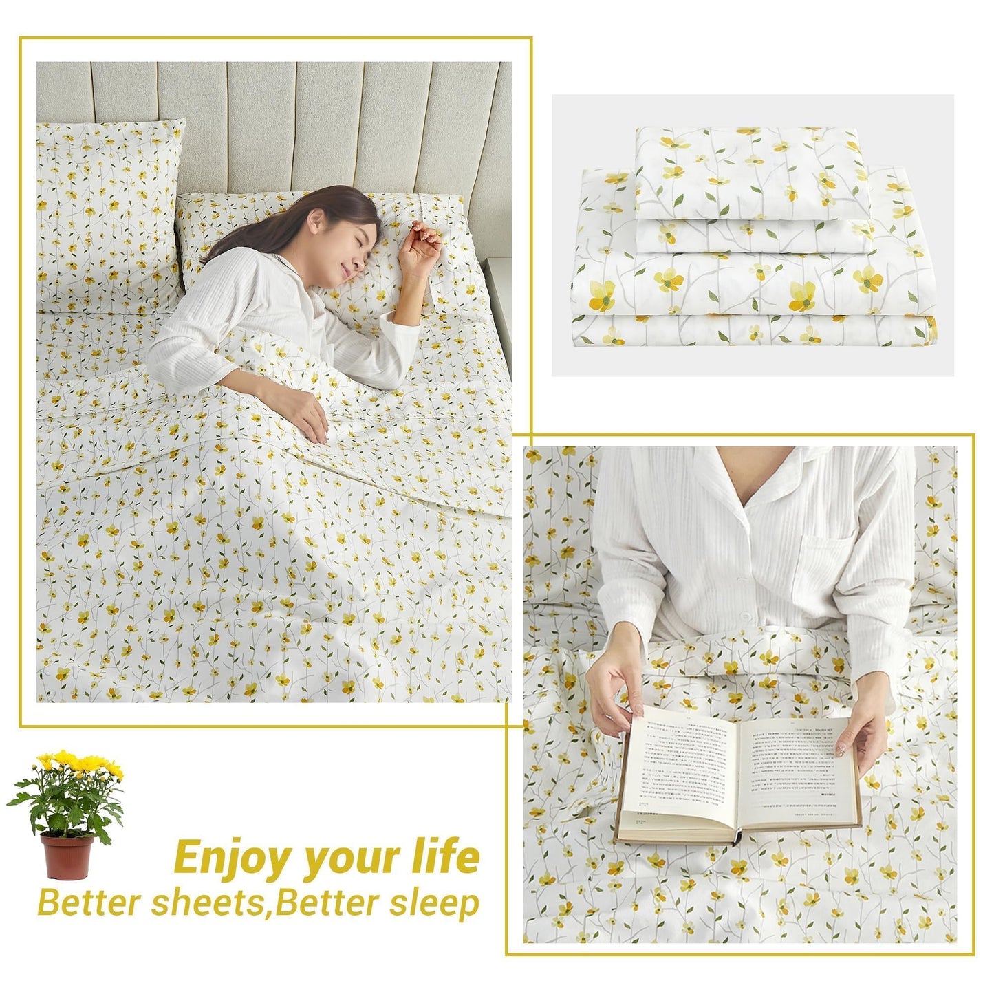 Softan Yellow Floral Bed Sheets Full Flower Printed Sheets - Patterned Microfiber Fitted Sheets Full with 15" Deep Pocket & Non-Slip Straps, Cute Flower Sheets & Pillowcase Set