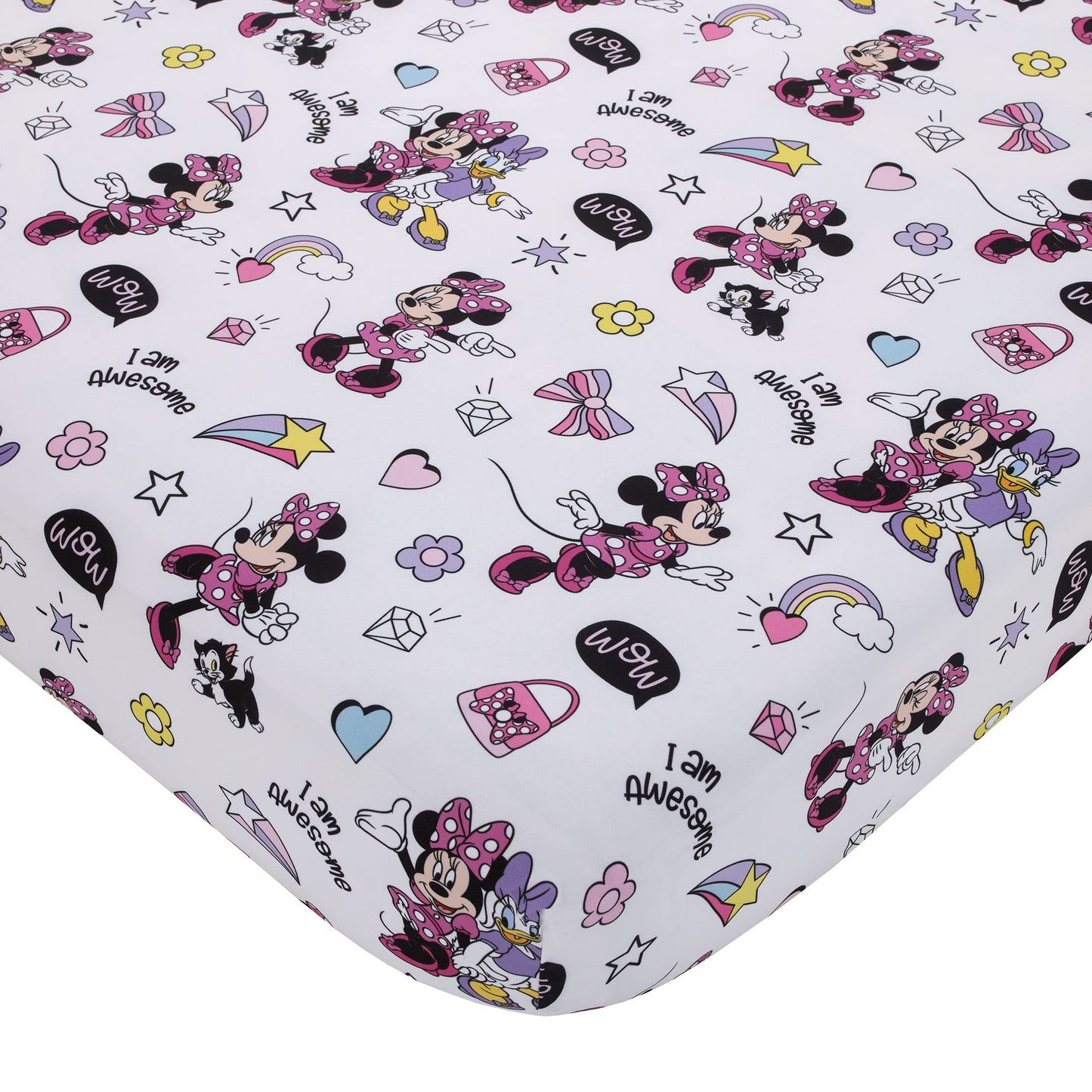 Disney Minnie Mouse I am Awesome Lavender, Pink, and White with BFF Daisy Duck, and Figaro The Cat 4 Piece Toddler Bed Set - Comforter, Fitted Bottom Sheet, Flat Top Sheet, and Reversible Pillowcase