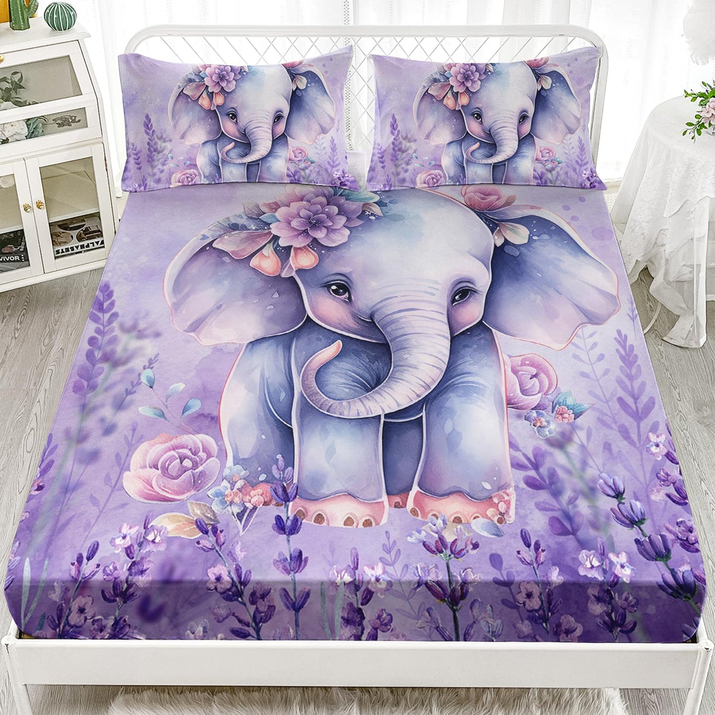 AILONEN Cute Elephant Fitted Sheet Set Twin XL Size for Girls,Lavender Purple Kawaii Kids Bedding Set,Lovely Animal Flower Bed Sheet with 2 Pillowcases,3 Pieces