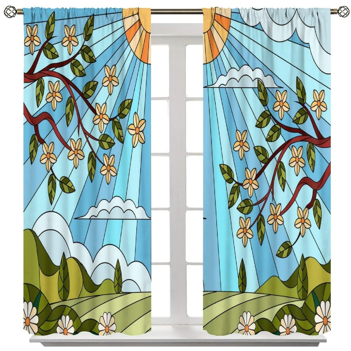 TYVGICZ Stained Glass Curtain Medieval European Cathedral Window Curtains for Bathroom Bedroom Home Decor Colourful Glass Art Blue Window Curtain 2Panel, 42x45 Inch