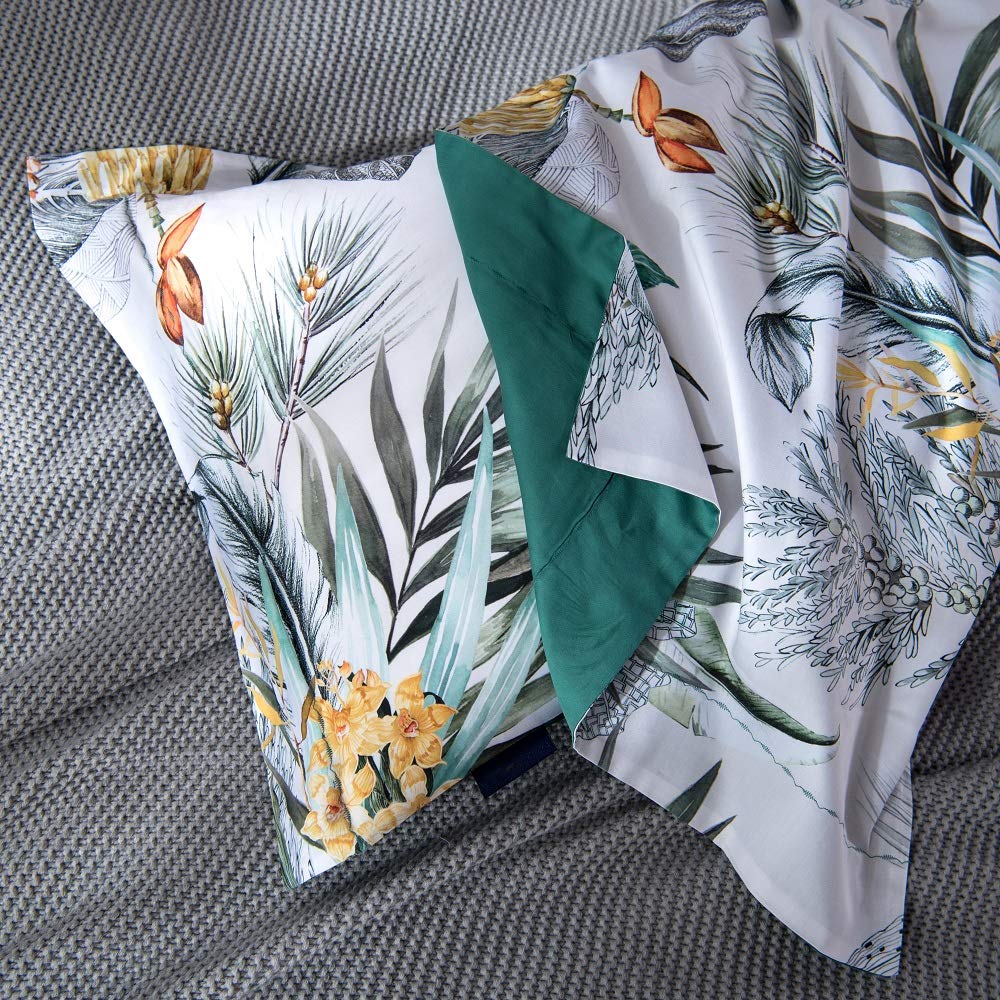 MILDLY 100% Long Staple Cotton Queen Duvet Cover Set, Green Palm Leaves Tropical Floral Comforter Cover Set