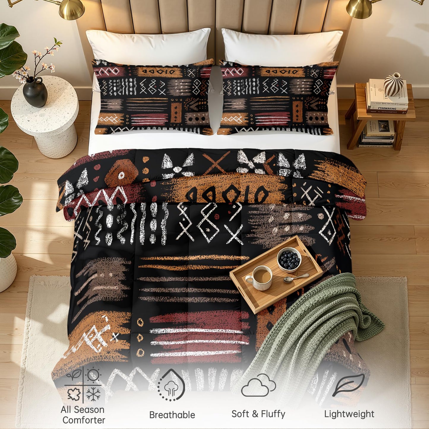 Mud Cloth Comforter Queen Size - 3 Pcs Bed Set, All Season Comforter & 2 Pillowcases, Abstract Tribal Bedding Set, Soft Lightweight Down Alternative Duvet Insert, Boho Ethnic Bedroom Decor