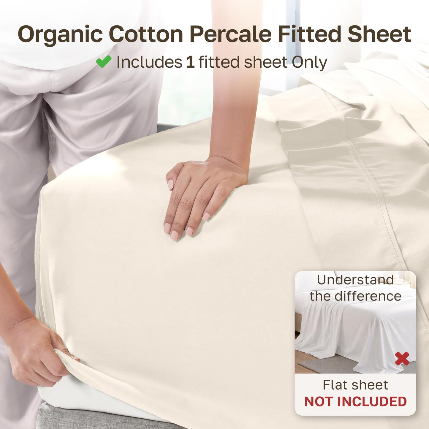 California Design Den 100% Organic Cotton Fitted Sheet Queen Size Only, Percale, Deep Pocket Fitted Sheet Queen, Lightweight, Snug-Fit, Crisp, All Around Elastic, 1 Pc - True Ivory
