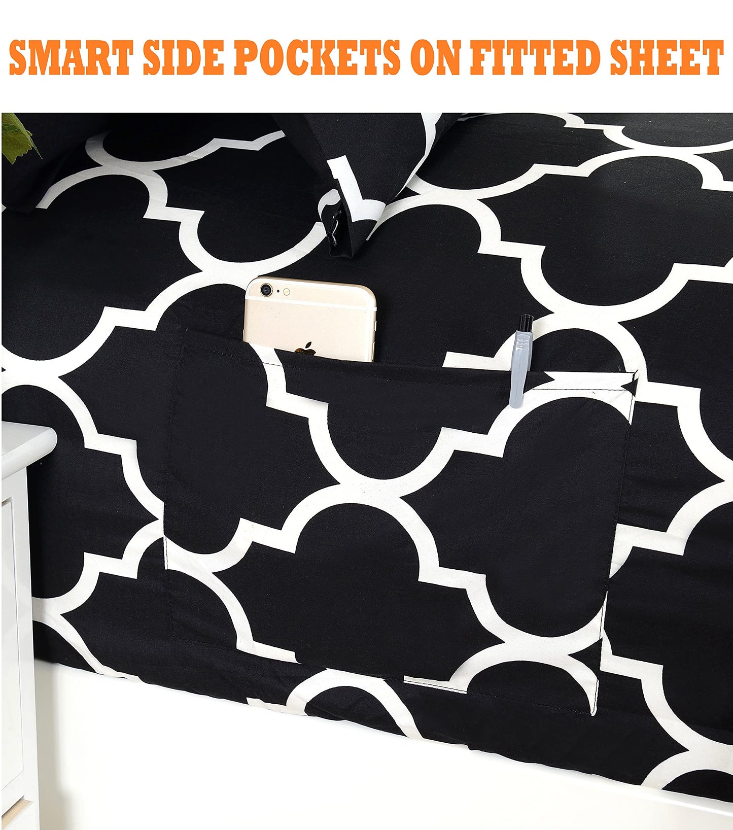 Elegant Comfort 4-Piece Quatrefoil Printed Deep Pocket Bed Sheet Set, Luxurious Silky 1500 Thread Count Bed Sheet Set Ultra Soft Wrinkle Resistant Bedding Set, Twin/Twin XL, Black