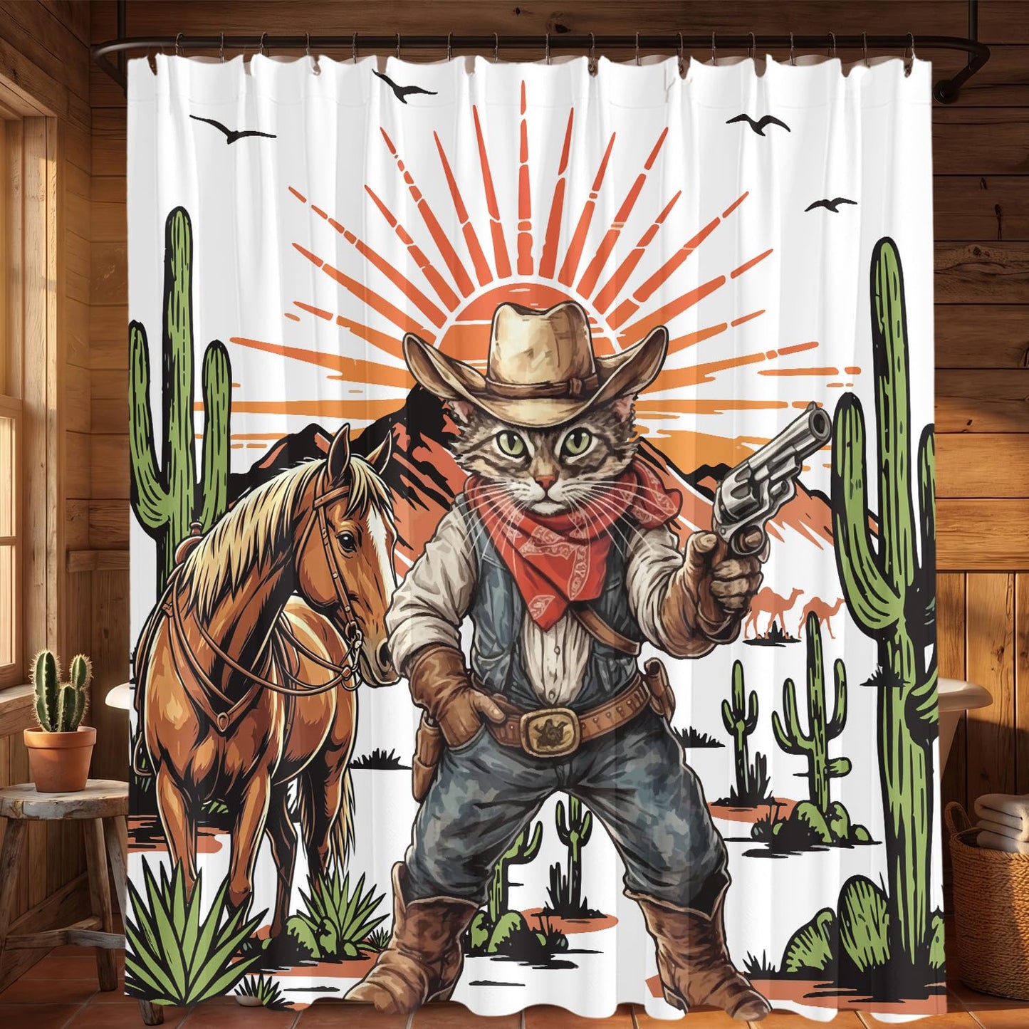 InIsaJace Cowboy Cat Shower Curtain, Funny Western Shower Curtains for Bathroom Decor, Waterproof Cactus Bath Tub Curtain with Hooks(71 X 71 Inches)