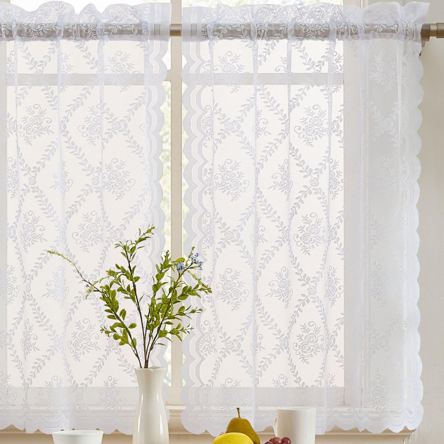 HLC.ME Isabella Floral Rod Pocket Lace Semi Sheer Voile Short Cafe Tiers for Small Windows - 28 x 36 Inch Length (White Tiers, Set of 2)