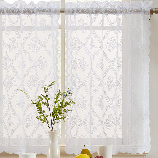 HLC.ME Isabella Floral Rod Pocket Lace Semi Sheer Voile Short Cafe Tiers for Small Windows - 28 x 36 Inch Length (White Tiers, Set of 2)