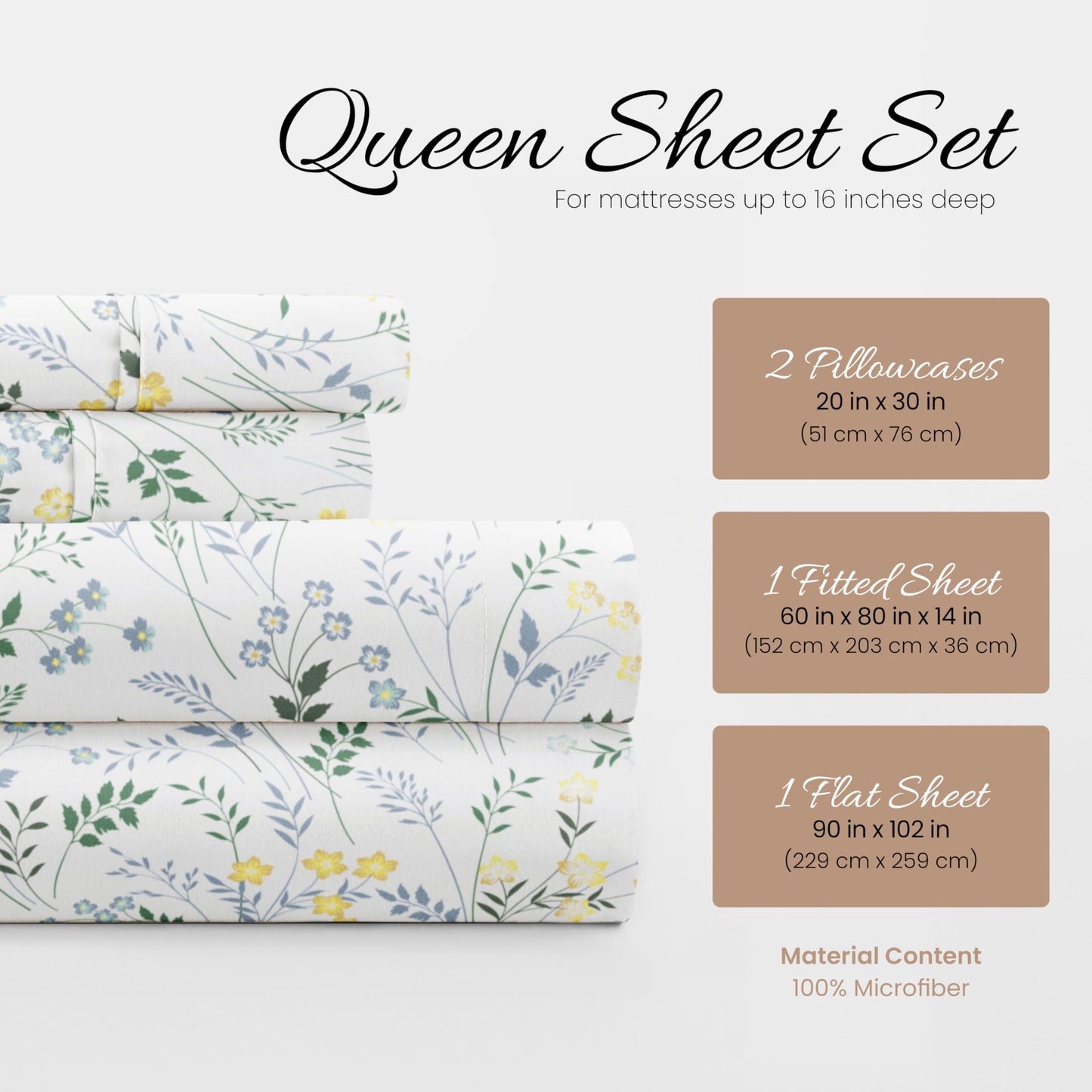 Linen Market Patterned Microfiber Queen Sheet Set 4 Piece – Oeko-TEX Certified Ultra Soft & Wrinkle-Free - 16" Deep Pocket Sheets - Easy Care Queen Size - Wildflower Light Blue