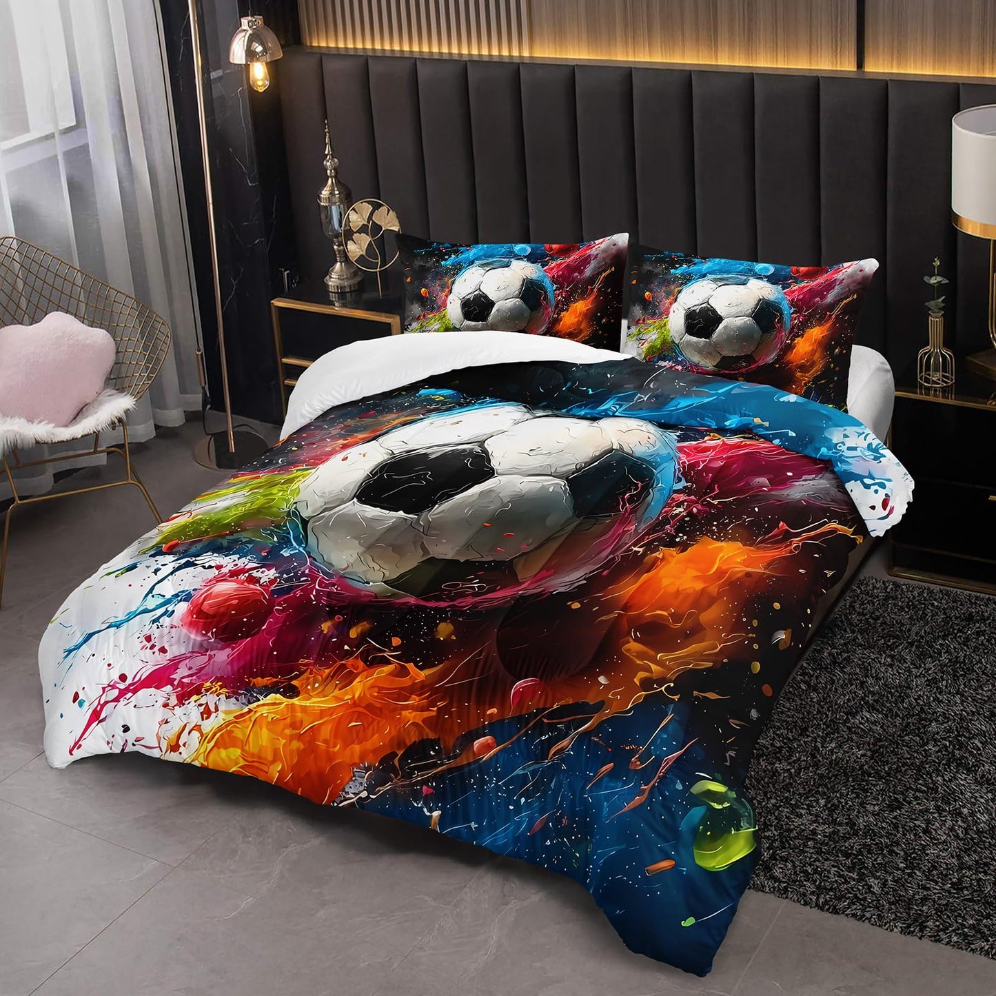 lneffble Soccer Comforter Twin Size,Sport Kids Comforter Set,3Pcs Bedding Set Printed Comforter with 2 Pillowcases,Down Alternative,Soft and Lightweight,for All Seasons