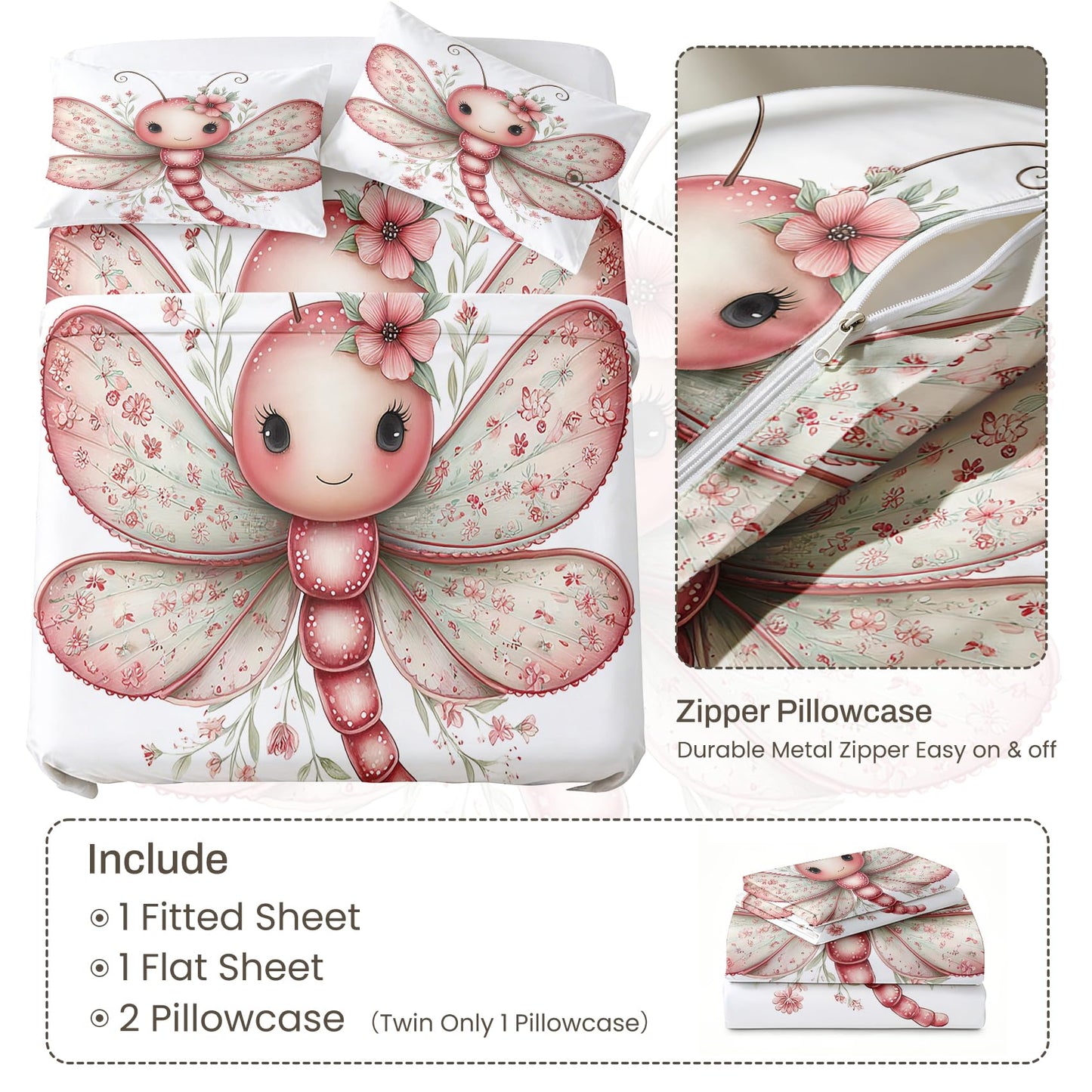 Cute Dragonfly Queen Bedding Set Girls Kawaii Sheet Sets