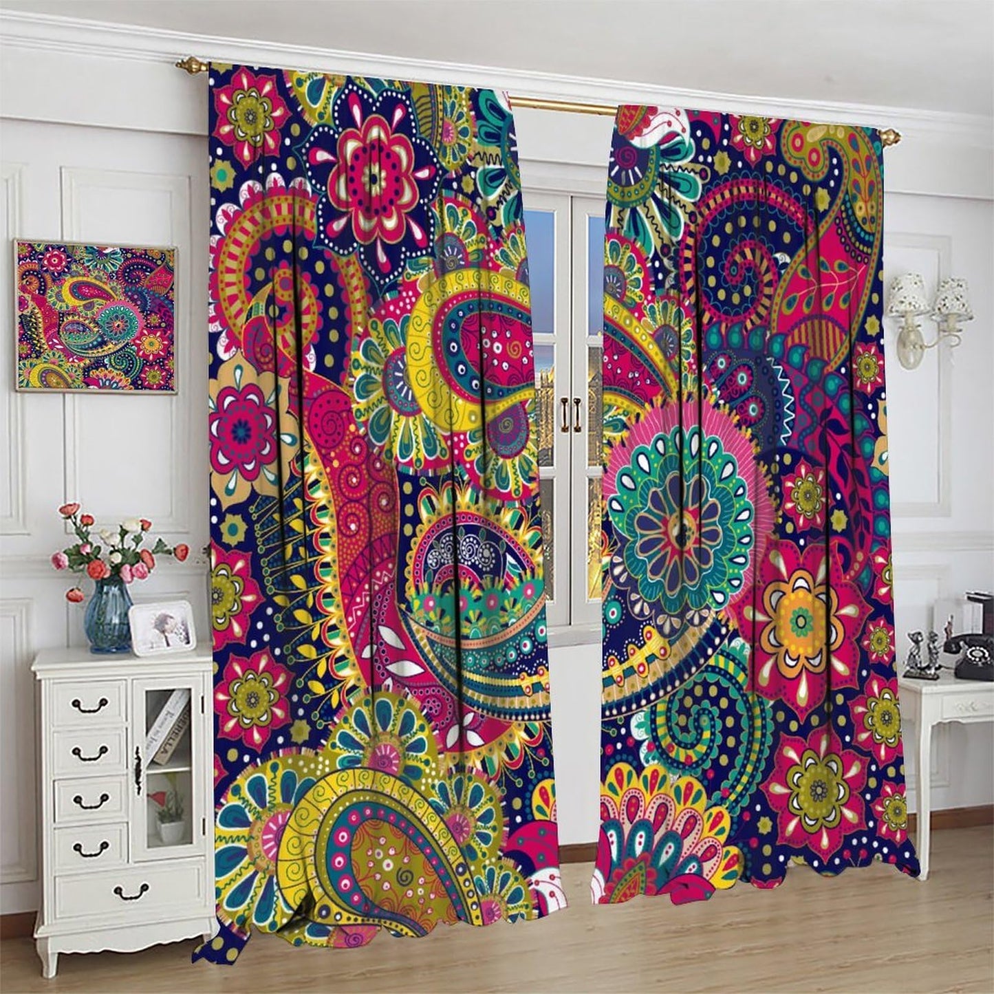 Djaby Paisley Floral Curtains, Colourful Mandala Exotic Flowers Vintage Boho Bohemian Window Treatments for Living Room Bedroom 42" W X 45" L(No Blackout)