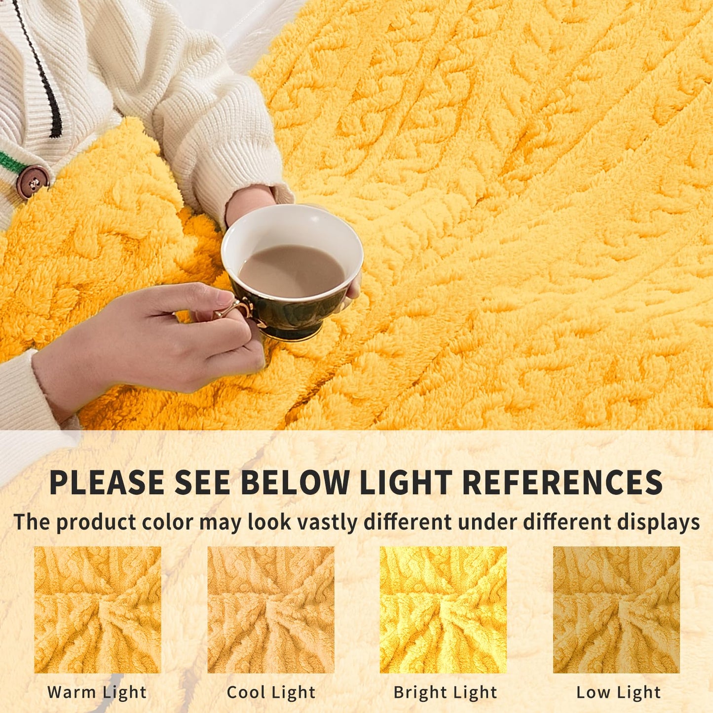 FY FIBER HOUSE Sherpa Blanket - 3D Pattern Design Yellow Throw Blanket for Sofa Couch, Bed, Warm Super Soft Cozy Microfiber Fleece Blanket for Living Room, Throw 50”x60”
