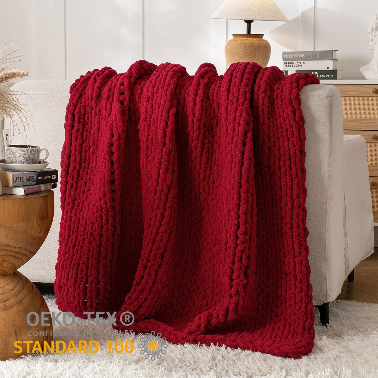 LAST MODA Chunky Knit Blanket Throw, 100% Hand Knit Throw Blanket Handmade Chenille Cable Knit Throw for Couch, Stylish Cozy Soft Rope Knot Crochet Blanket for Home Decor, Red, 50x60 Inches