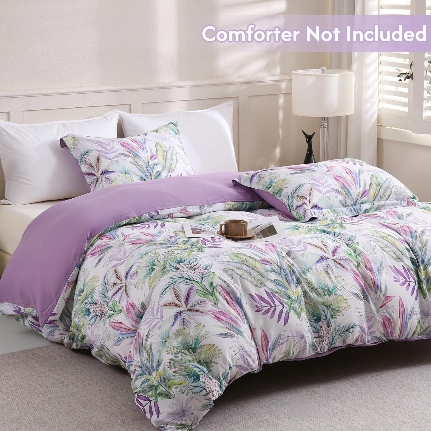 LONAVA Queen Botaincal 3 Pcs Duvet Cover Set, Breathable Soft Microfiber Lavender Lining Comforter Cover with Zipper Closure, and 2 Anti-Pilling, Fade Resistant Pillowcases, Tropical