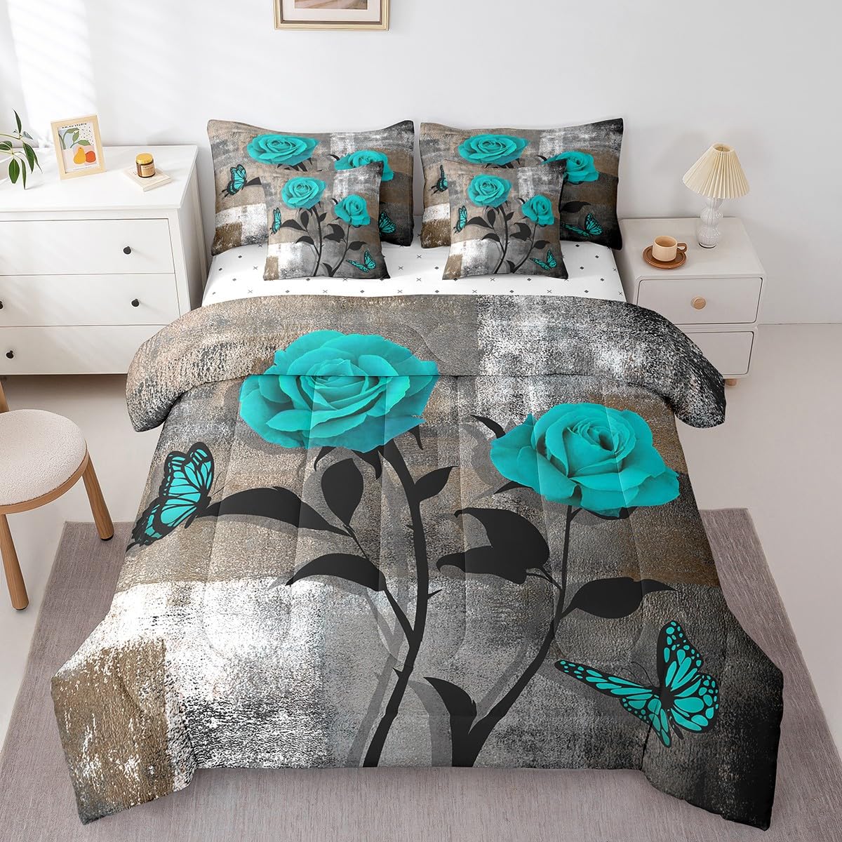 Erosebridal Grey Ombre Comforter Set Queen,Romantic Rose Butterfly Bedding Set,Grunge Watercolor Bed in a Bag,(1 Comforter,2 Pillowcases,1 Flat Sheet,1 Fitted Sheet,2 Throw Pillow Covers)