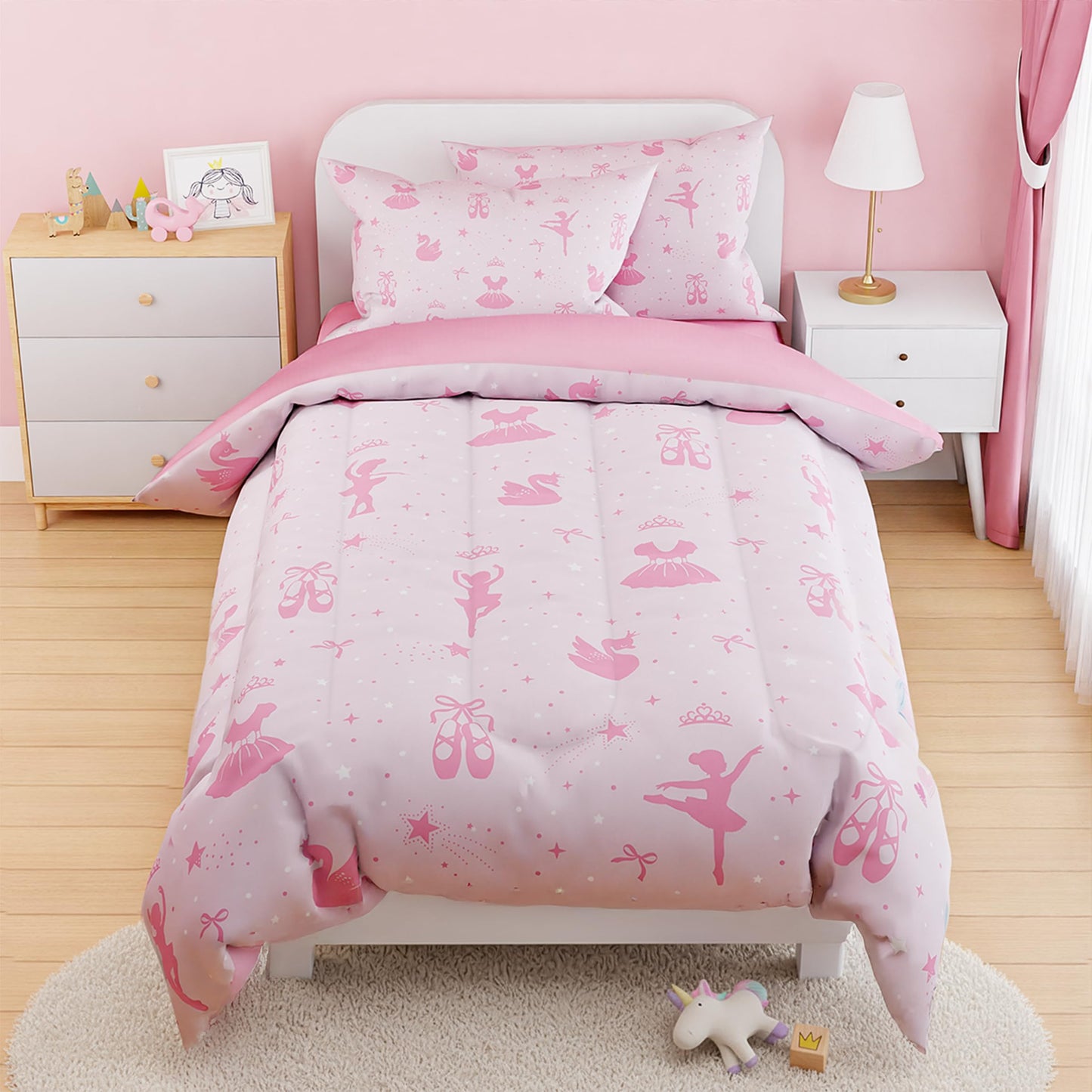 SANDJEST Ballerina Comforter Set Twin Size 68x86in for Kids Girls, Microfiber 3 Pcs Bedding Set Includes 1 Comforter, 1 Pillowcase, 1 Fitted Sheet, Nursery Room Decor