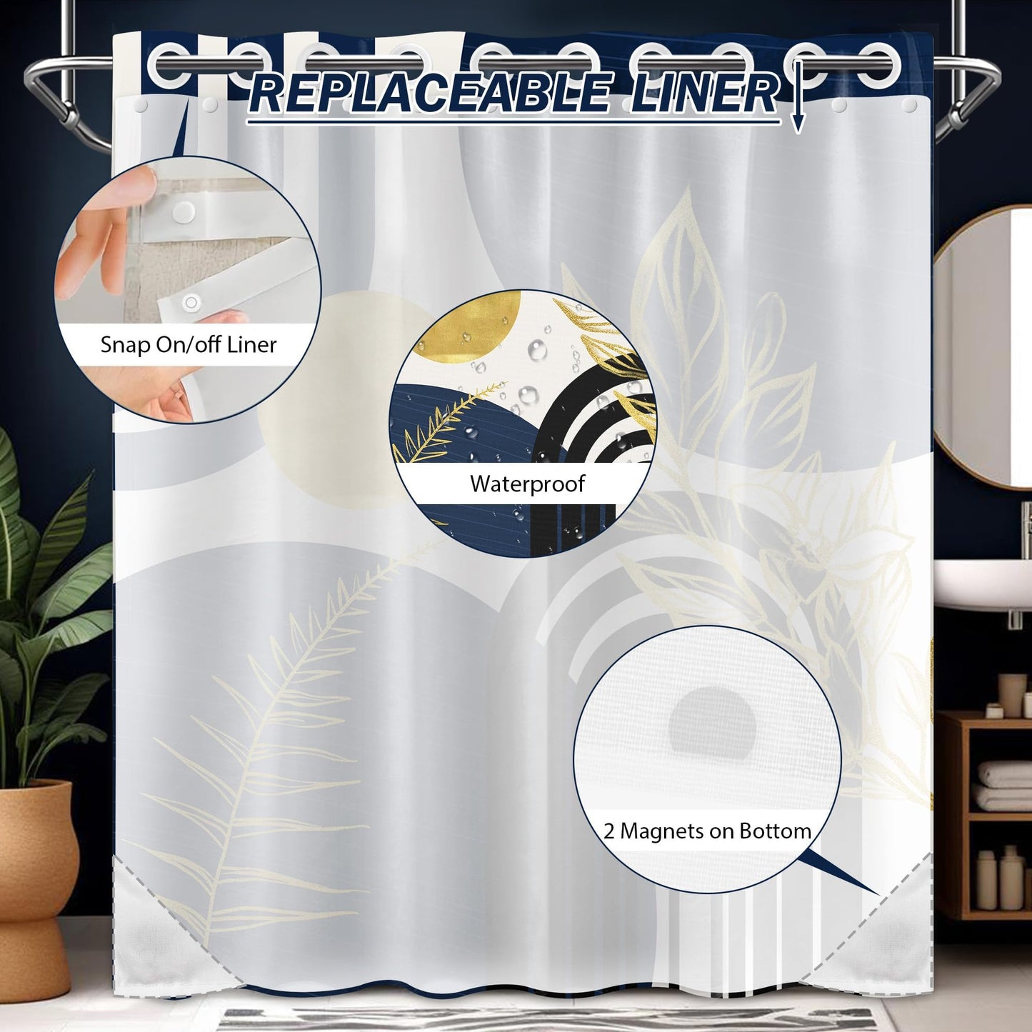 Bxpaitx Navy Blue Hookless Shower Curtain with Snap in Liner Set, Boho Dark Blue and Gold No Hook Shower Curtains for Mens Bathroom, Liner with Magnets, Waterproof Cloth Fabric, 71" W x 74" L