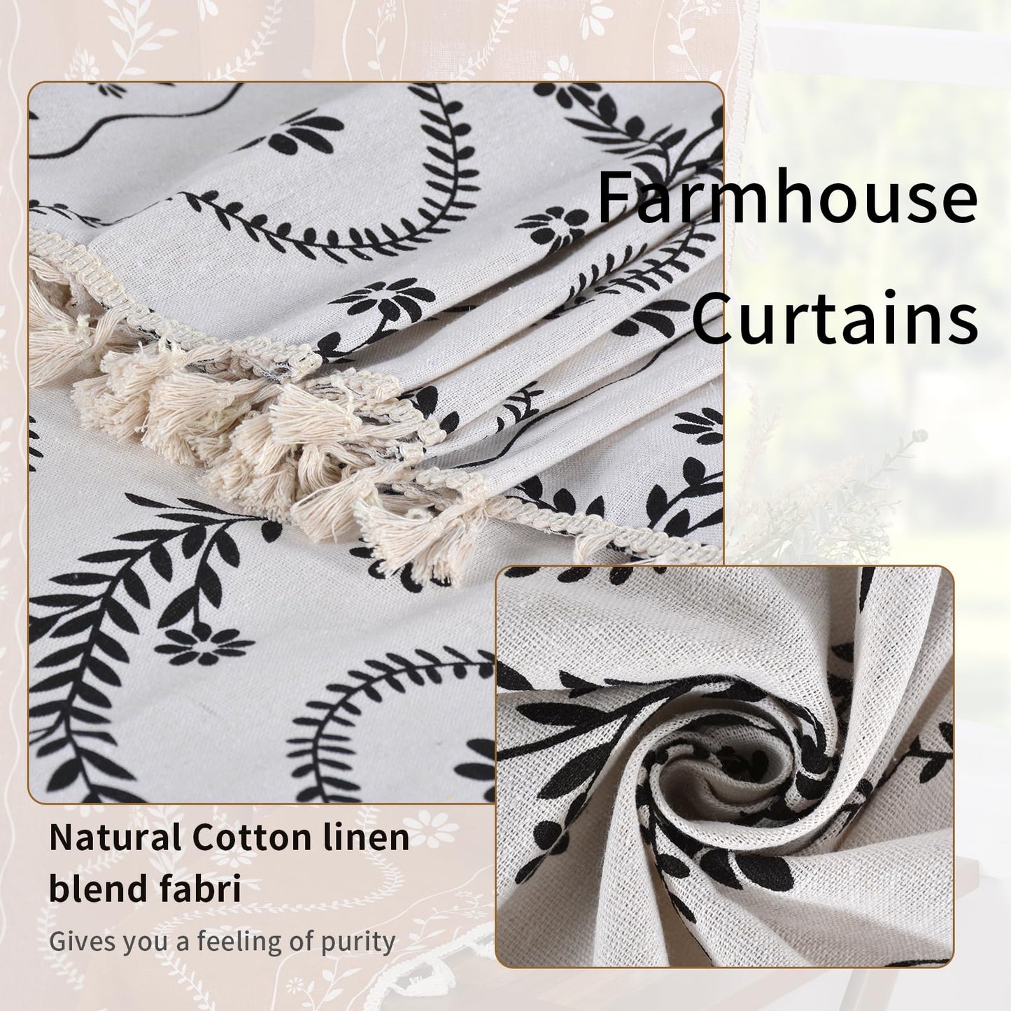 Boho Curtains 2 Panels Set, Farmhouse Linen Semi Sheer Floral Curtains for Living Room, 84 Inches Long Vintage Printed Patterned Curtain with Tassels Rustic Country Curtain Drapes