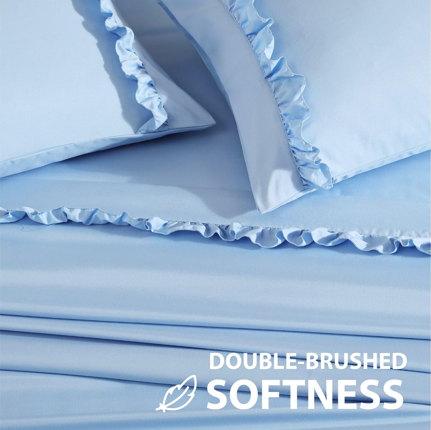 Swift Home Ultra-Soft Elegant 2-inch Ruffled Hem Design on Flat Sheet and Pillowcases, Wrinkle Resistant, Fade Resistant, Deep Pocket, Double Brushed 4-Piece Microfiber Sheet Set - King, Blue Bell
