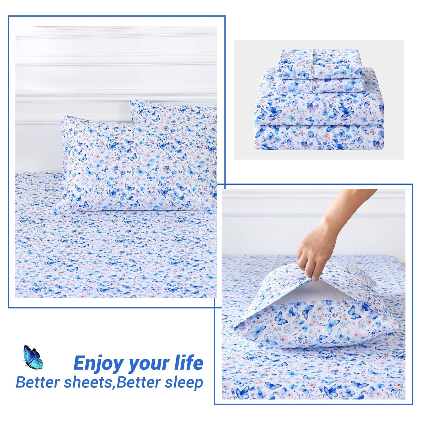 Softan Queen Floral Sheets, Microfiber Blue Flower Printed Fitted Sheets with Non-Slip Corner Straps and 15" Deep Pocket, Butterfly Patterned Cozy Bed Sheets & Pillowcase Sets