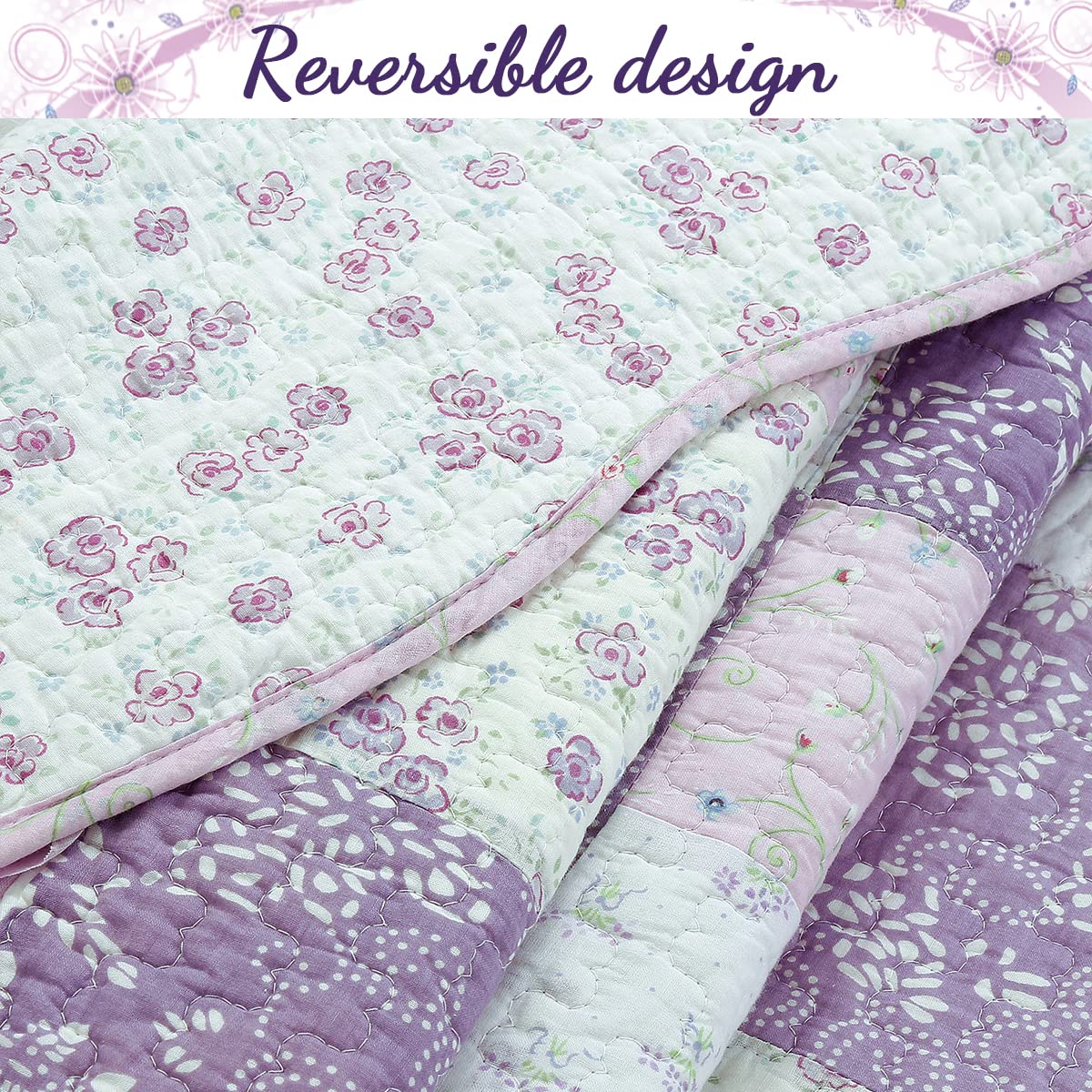 Cozy Line Home Fashions 100% Cotton Hand Piecing Real Patchwork Love of Lilac Bedding Quilt Set, Purple Orchid Lavender Chic Lace Floral Reversible Coverlet, Bedspread (Lilac, King - 3 Piece)