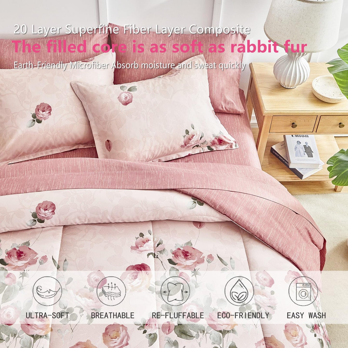 AIKASY Pink Queen Comforter Set with Sheets,Bed in a Bag 7-Pieces,Palm Tree Totem Printing Design,Ultra Soft Down Alternative All Season Bedding Set(Queen, Pink)