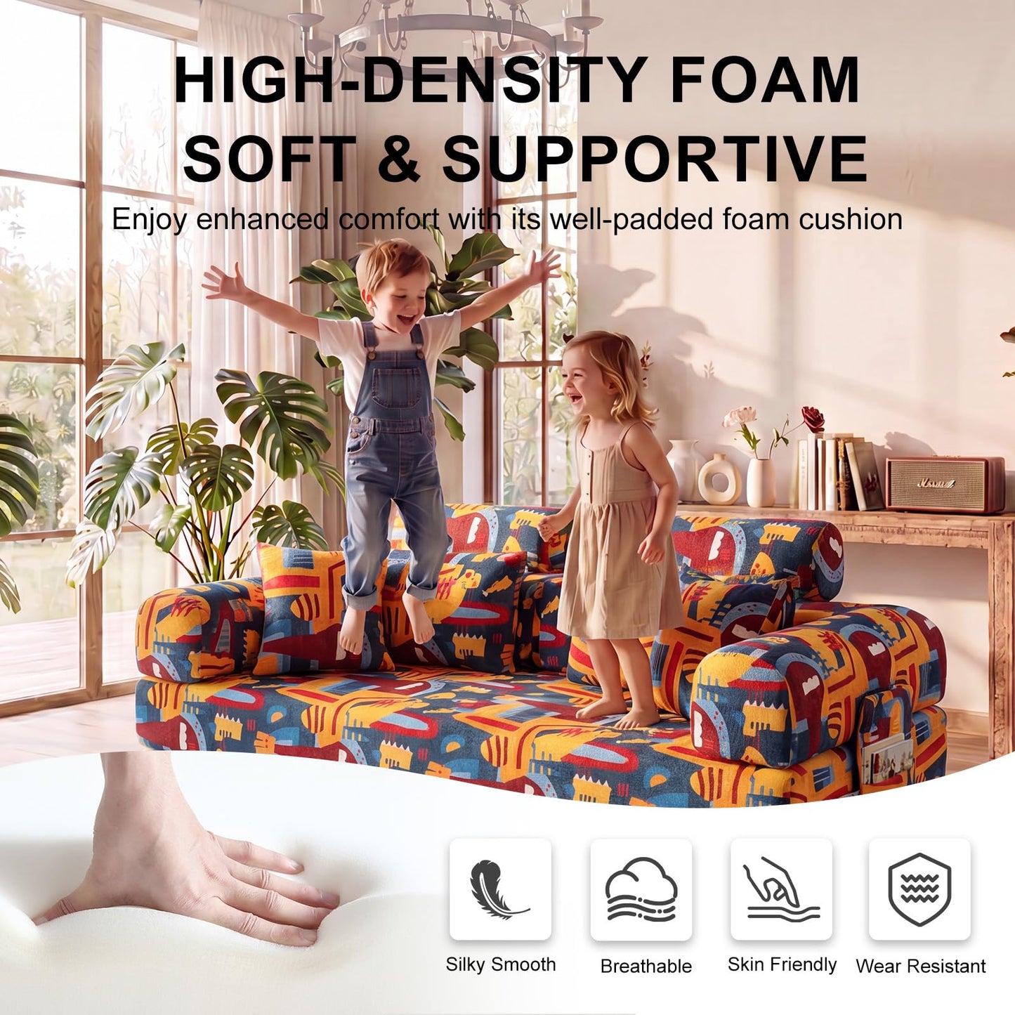 COOSYCO 79" Convertible Sofa Bed, 5-in-1 Corduroy Floor Couch, Boneless Couch with Ergonomic High Back Support & Side Storage Pocket, No Assembly for Bedroom Living Room (Graffiti B)