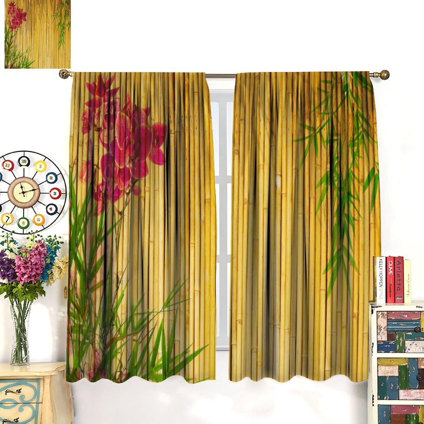 TYVGICZ Bamboo Floral Curtains, Elegantly Bamboo Asian Japanese Chinese Leaves Yellow Red Pink Green Window Treatments for Bedroom Living Room Drapes 2 Panels 42x45 Inch