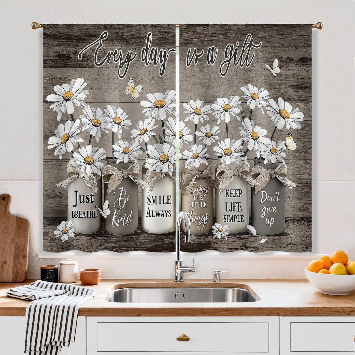 Cizuug Farmhouse Vintage Daisy Floral Kitchen Curtains Rustic Flower Inspirational Small Short Cafe Window Curtains Wooden Country Quotes Bathroom Living Room Bedroom Drapes Treatment(27.5x39 Inch)