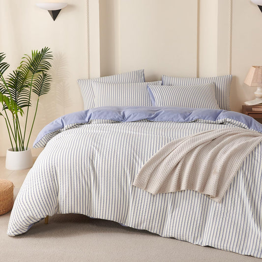 BUPIRD Comforter Set Queen Striped Blue 100% Soft Washed Microfiber Jacquard 3 Pieces Striped Bedding Sets Blue White Comforter for All Seasons and 2 Pillowcases Comfort Breathable
