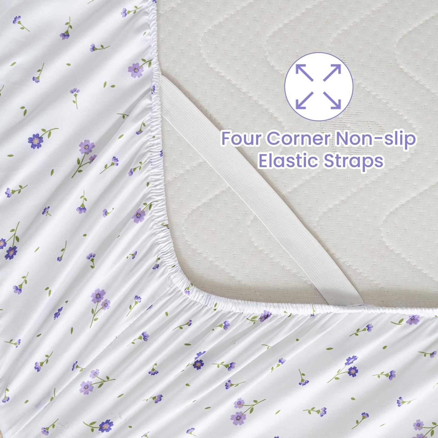 Softan Purple Floral King Bed Sheet Set, Cozy Microfiber Patterned Fitted Sheets with 15" Deep Pocket & Non-Slip Straps, Cute Purple Flower Printed Sheets & Pillowcase Set King