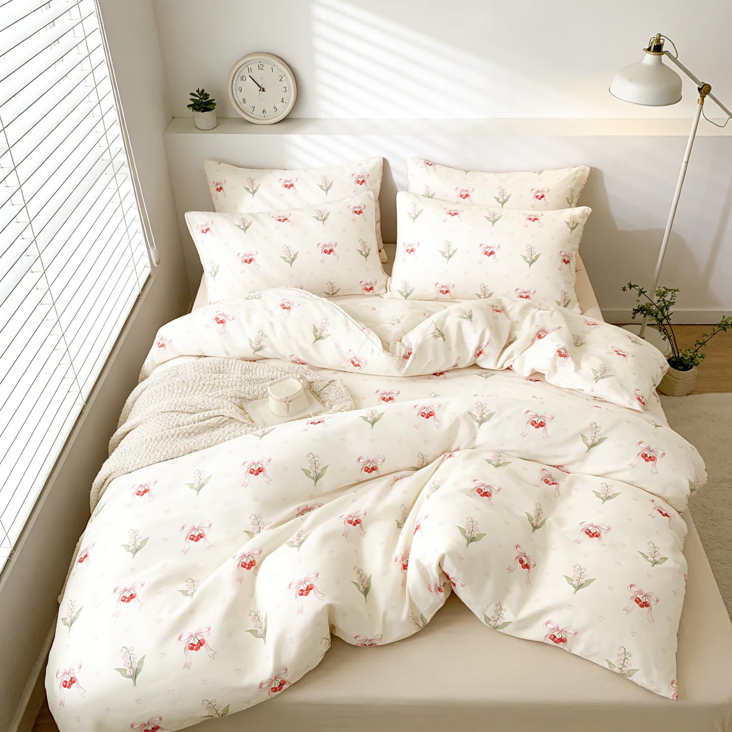 Pink Duvet Cover Queen Size Floral Bow Cherry Printed on White Duvet Cover Set Love Pattern Bowknot Heart Spring Romantic Green Botanical Princess Kawaii Soft Microfiber Bedding Set Kids Boys Girls