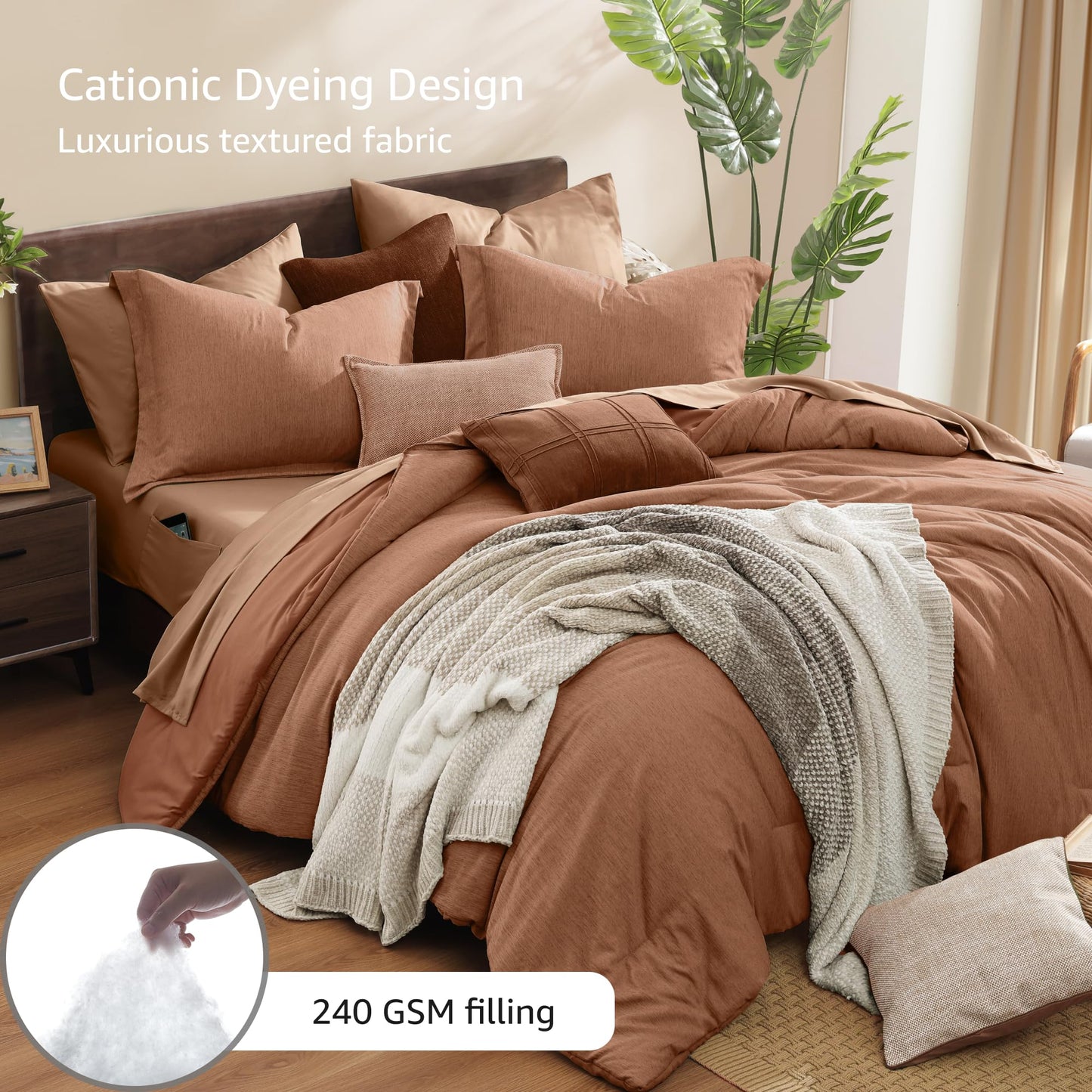 Monbix Queen Comforter Set - 7 Pieces Cationic Dyeing Autumn Leaf Bed in a Bag Queen Bedding Sets with Comforter, Sheets, Pillowcases & Shams, Reversible Bedding Comforters Sets