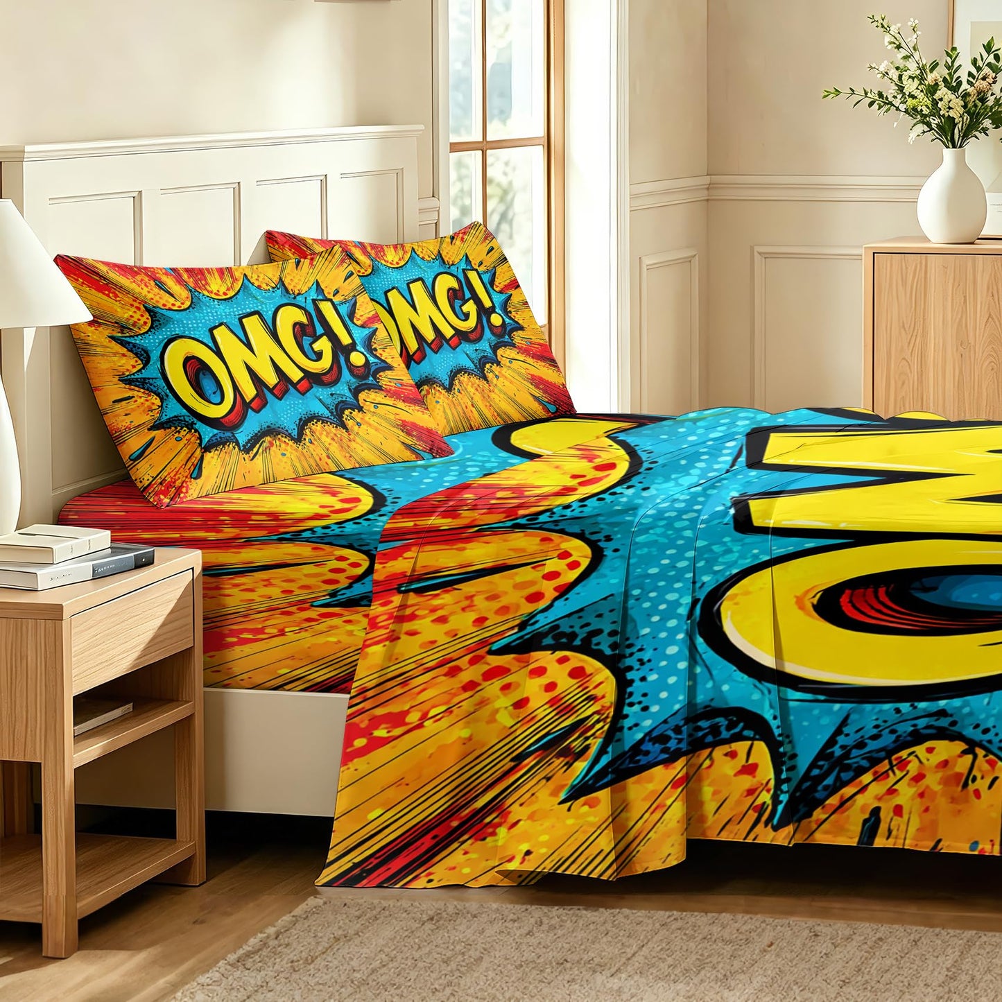 Kids OMG Sheet Set, 4 Pcs Queen Size Pop Art Bed Sheets