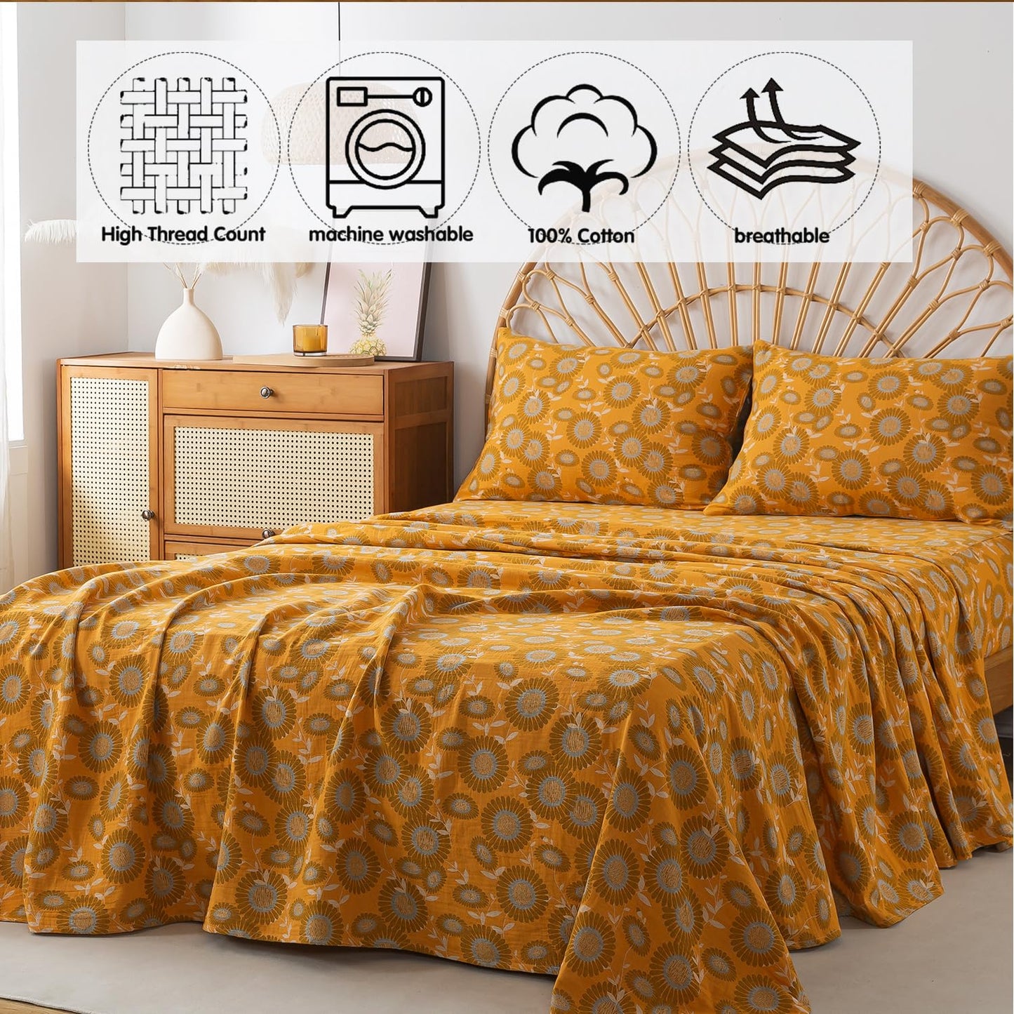 FADFAY Double Gauze 100% Cotton Queen Sheets Set Floral Bed Sheets Deep Pocket Fitted Sheet, Luxury Sunflower Pattern Shabby Vintage Countryside Style Bedding 4Pcs