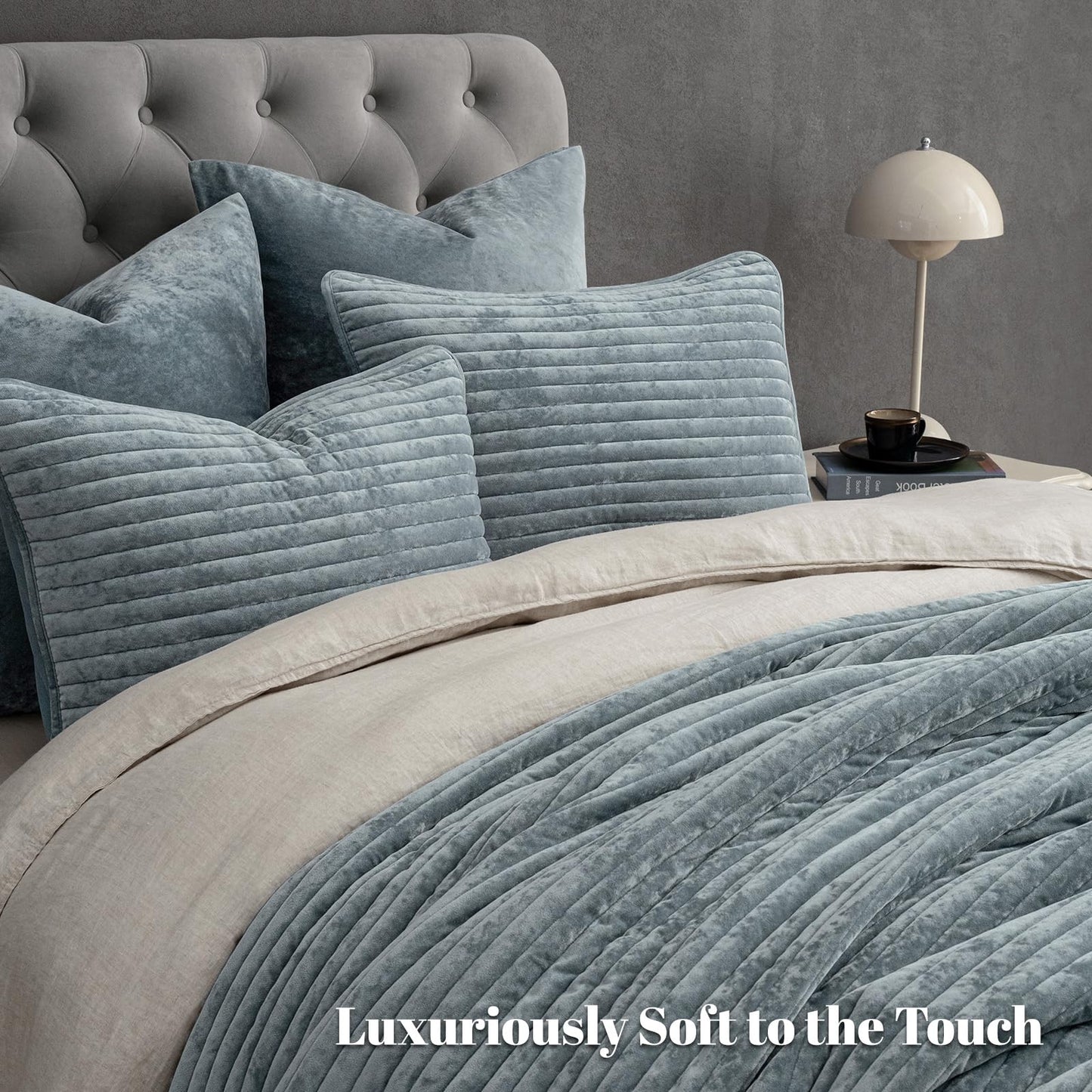 PHF Luxury Velvet Quilt Set Queen Size – 3PCS Ultra Soft Quilted Comforter Alternative with Striped Channel, Cozy Quilted Bedspread, 1 Coverlet with 2 Matching Shams, 90" x 92", Dusty Blue