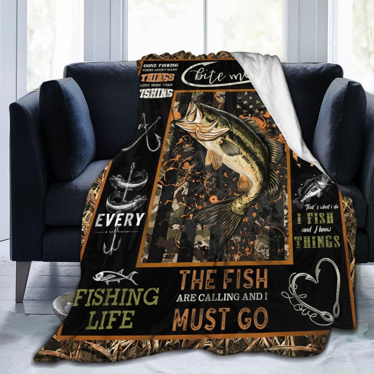 Dynova Fishing Blanket Cozy Plush Fish Throw Blankets Fuzzy Flannel Fleece Camo Fisherman Gifts Decor for Boys Men 50"X40"