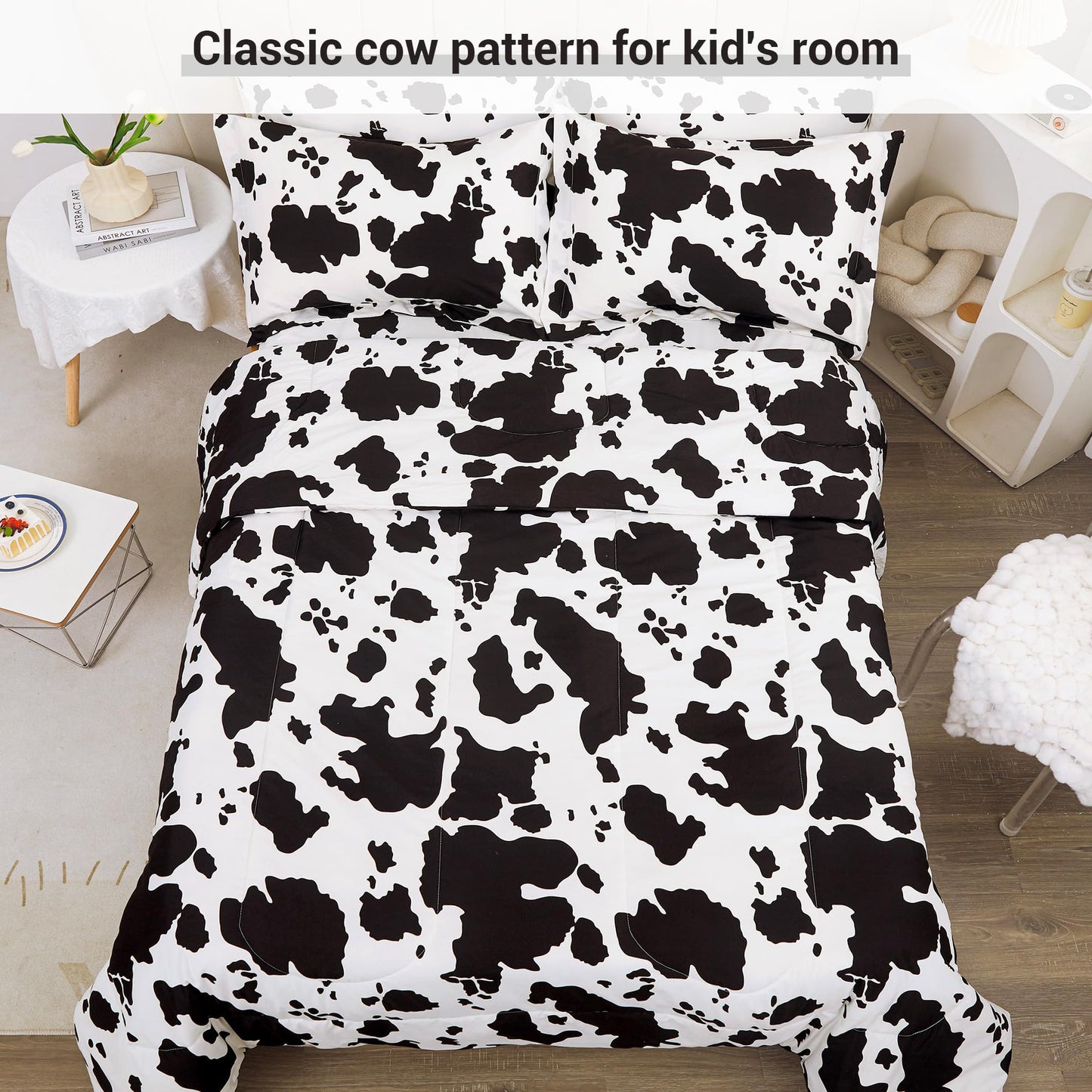Viviland Kids Full Bedding Sets for Girls, Boys Soft Full Comforter Set with Sheets, 7 Pieces Microfiber Bed in a Bag, Cow Animal