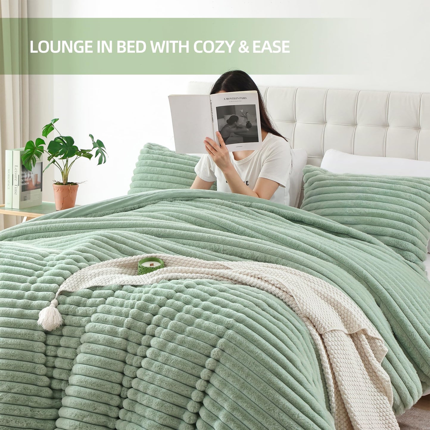 Smoofy Fluffy King Size Comforter Set 3 Pieces - Sage Green Fleece Fluffy Comforter Set, Luxury Fuzzy King Bedding Set, Soft King Bed Set All Season, Heavy Faux Fur Comforter with 2 Pillow Cases