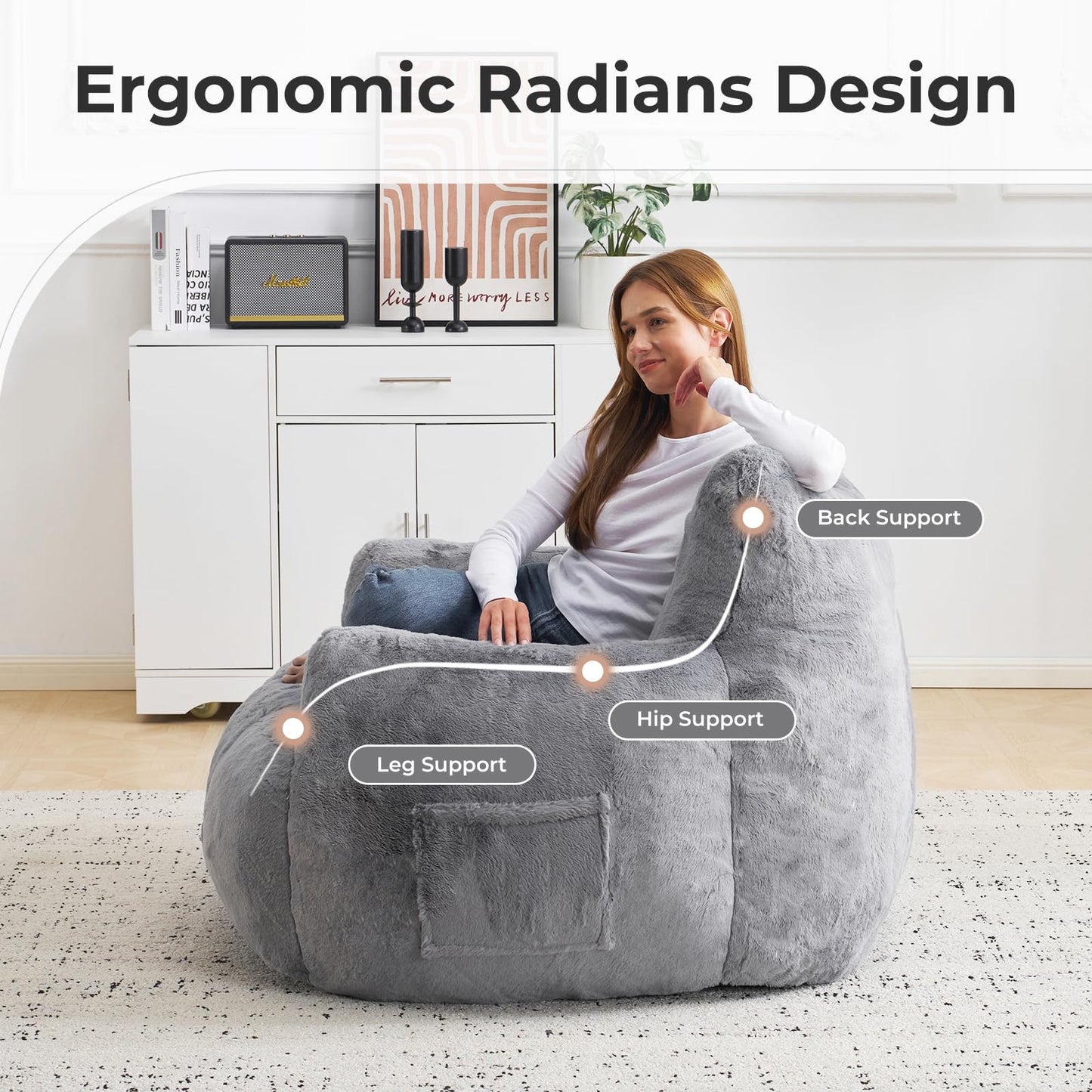 Giant Bean Bag Chair for Adults with Ottoman, Oversized Bean Bag with Filling Plush Fluffy,BeanBag Lazy Sofa Couch with Armrest for Bedroom, Stuffed Floor Sofa with Sidepocket for Living Room, Beige