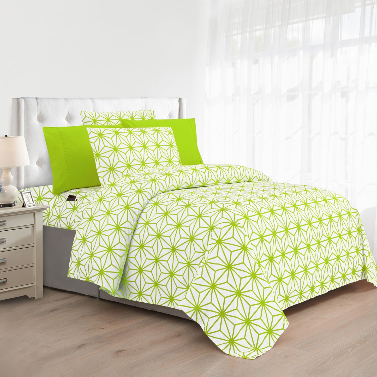 Elegant Comfort Luxury Soft 6-Piece Cube Geometric Pattern Sheet Set - 1500 Premium Quality Microfiber - Wrinkle and Fade Resistant Coziest Bedding Set, All Around Elastic Fitted Sheet, Full, Lime