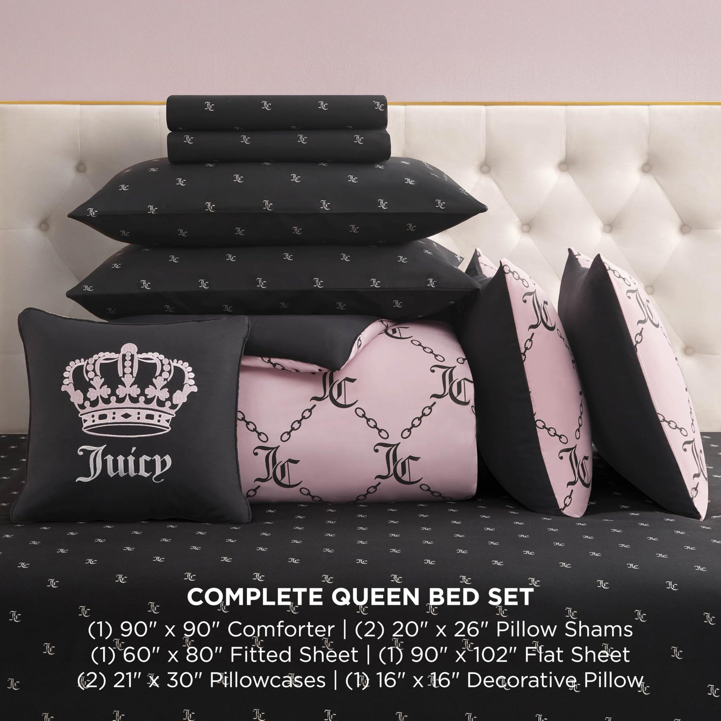 Juicy Couture Light Pink/Black Link Logo Printed Comforter Set, Queen – Complete 8-Piece Bed in a Bag Collection