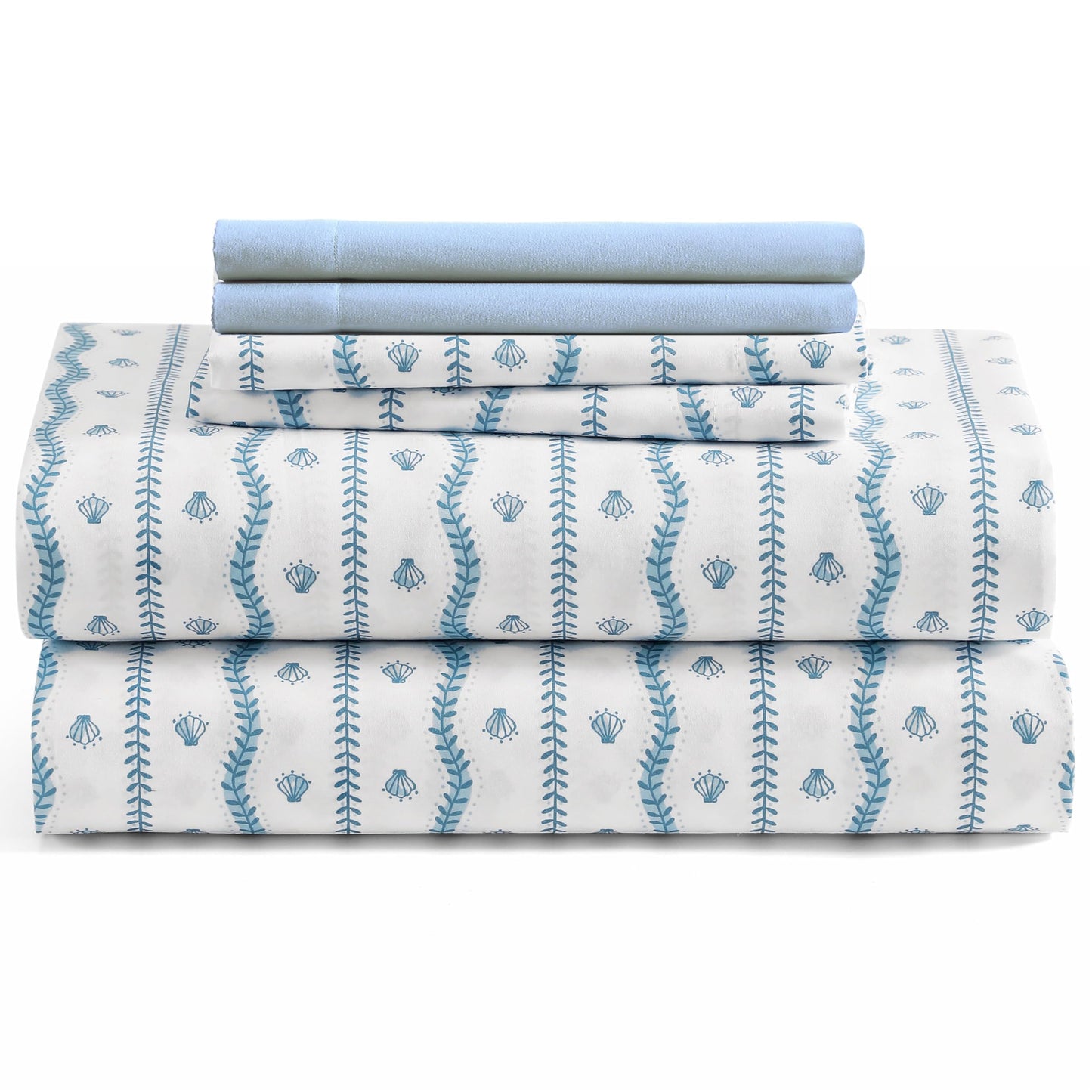 Caribbean Joe 6-Piece Sheet Set with Cooling Pillowcases, 12-inch Deep Pockets, Tropical Beach Coastal Design, Queen, Wavy Coastal Shells