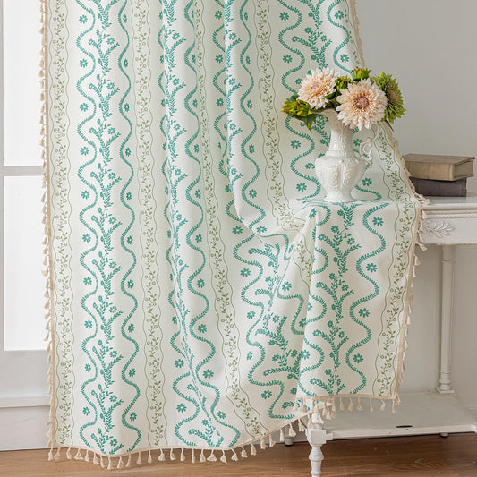 TIVNICO Boho Curtains 84 Inch Long for Living Room, Bedroom, Sky Blue on White 2 Panels Floral Farmhouse Vintage Tassel Semi Sheer Light Filtering Privacy Window Curtain Drapes with Rod Pocket