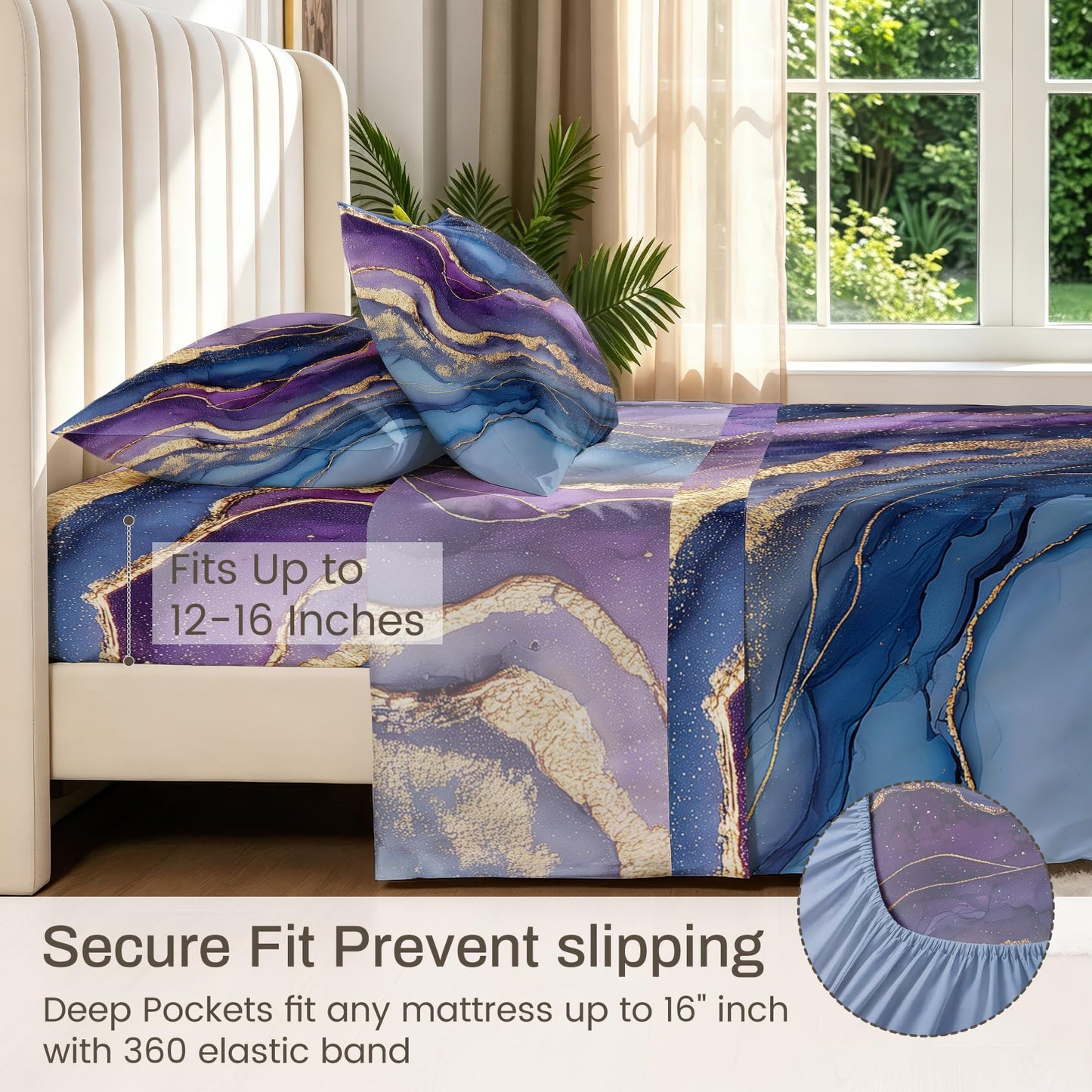 Purple Marble Full Sheet Set Abstract Flat Fitted Sheet Sets, Gold Purple