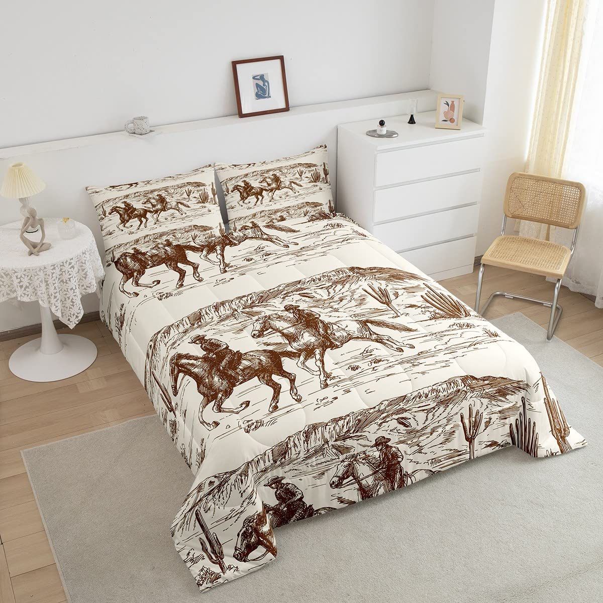 Erosebridal Western Comforter Set Queen Size Cowboy Bedding Set American Wild West Desert Hand Drawn Illustration Down Comforter Country Theme Bedroom Decor Duvet Set for Boys Men Teens