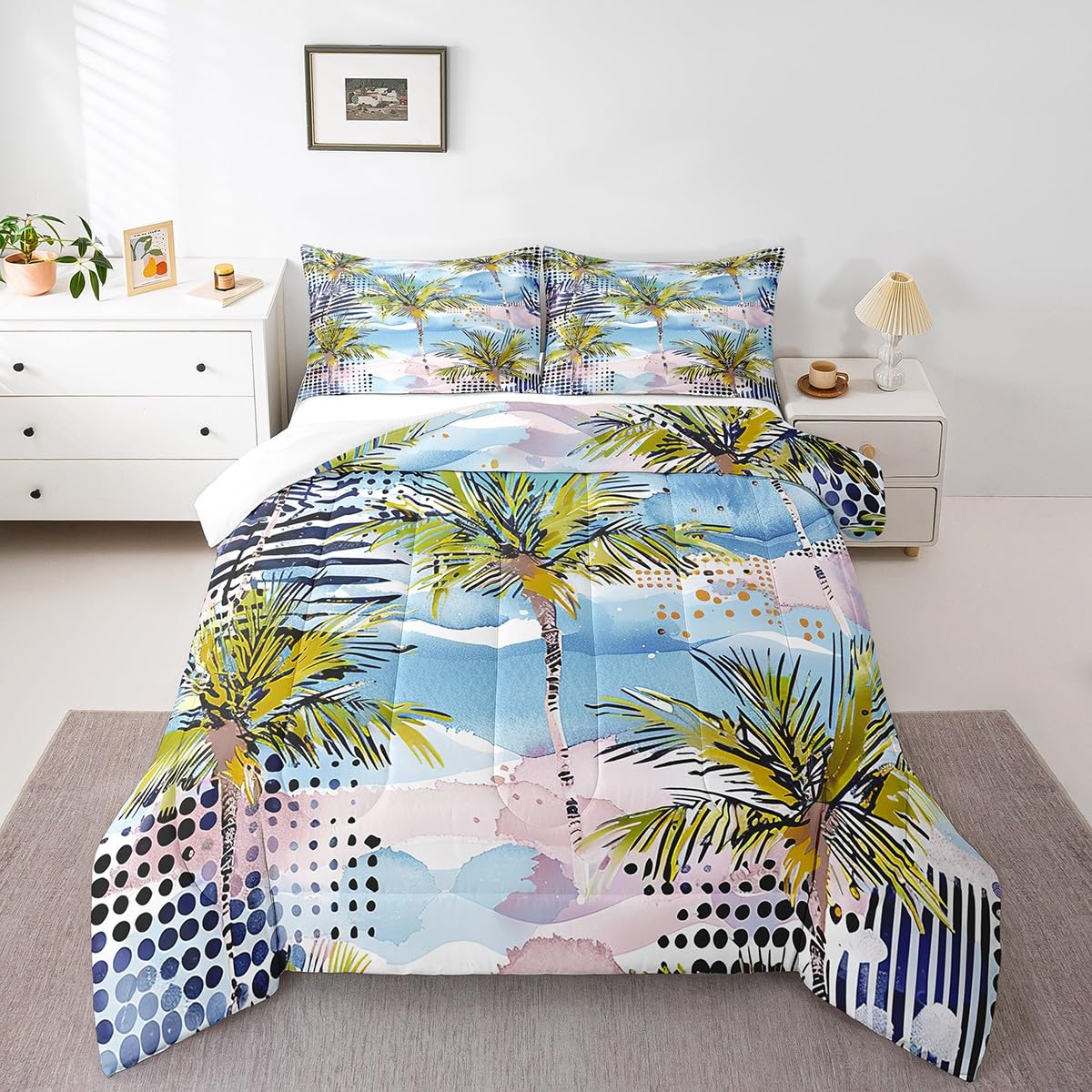 Manfei Sea Beach Comforter Set Twin Size Tropical Plant Theme Bedding Set 2pcs for Kids Boys Teens Room Decor, Palm Tree and Leaves Print Quilt Set Modern Fashion Duvet Set with 1 Pillowcase